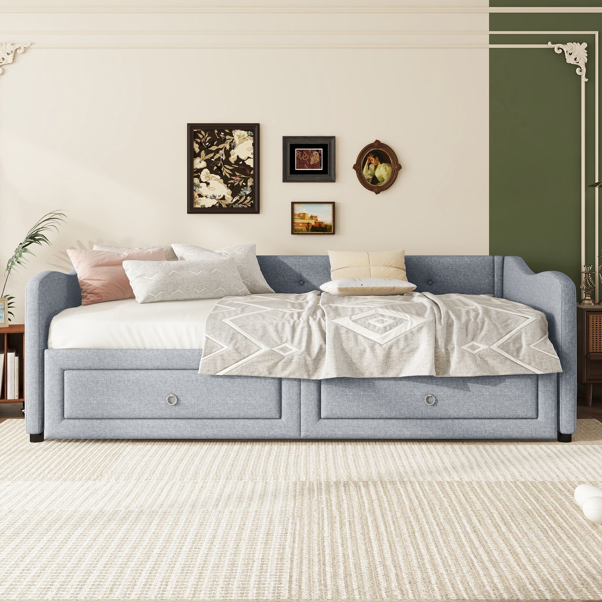 Daybed Sofa Bed 90x200cm Pull-out Bed 2 Drawers - Linen Grey
