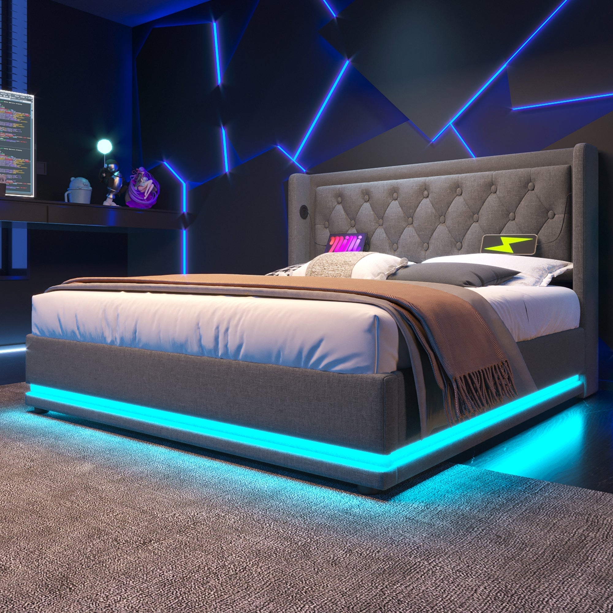 Upholstered Bed, Double with Hydraulic Storage & LED, Gray Cotton