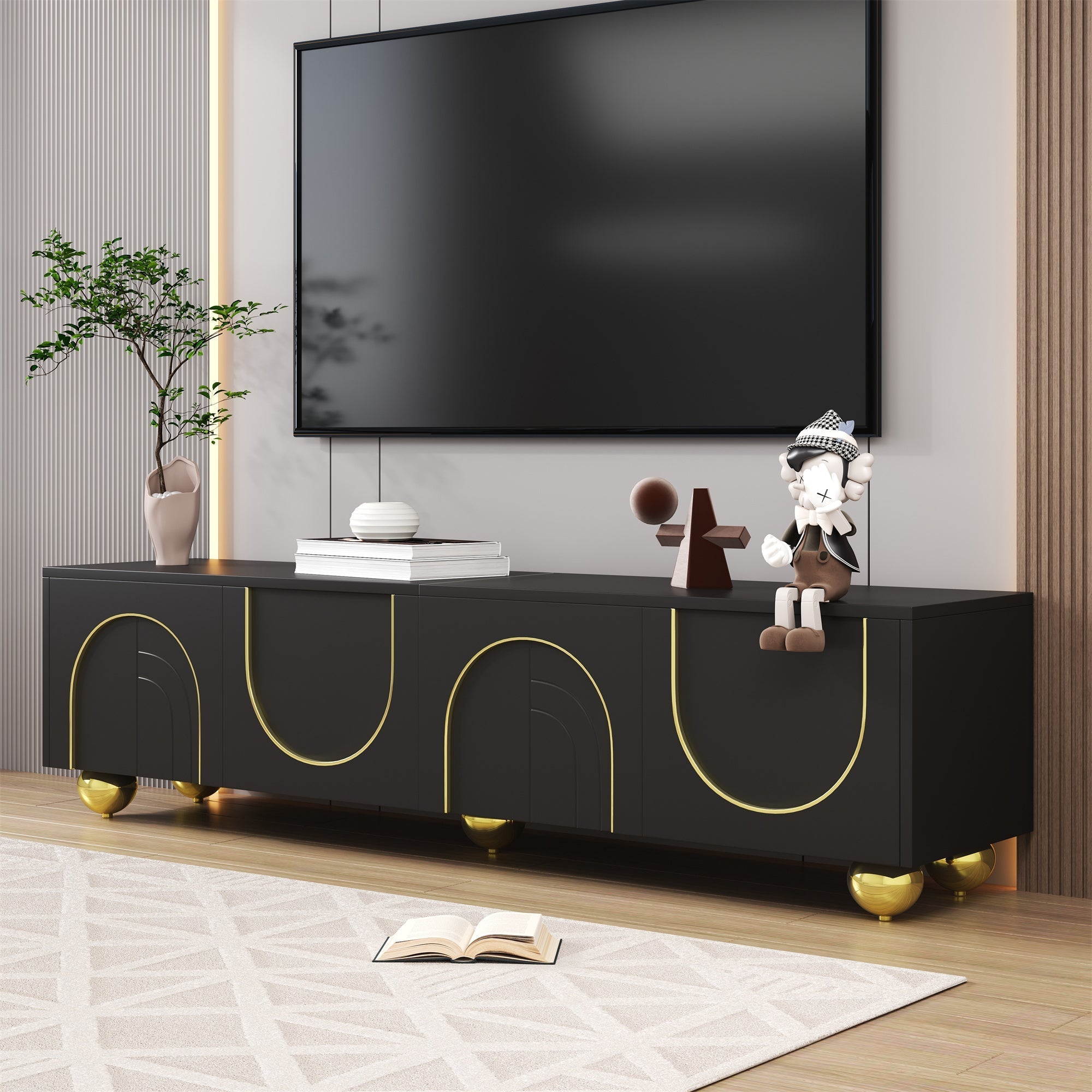TV Cabinet Lowboard Textured Doors Shelves Push-to-Open - Gold Accents