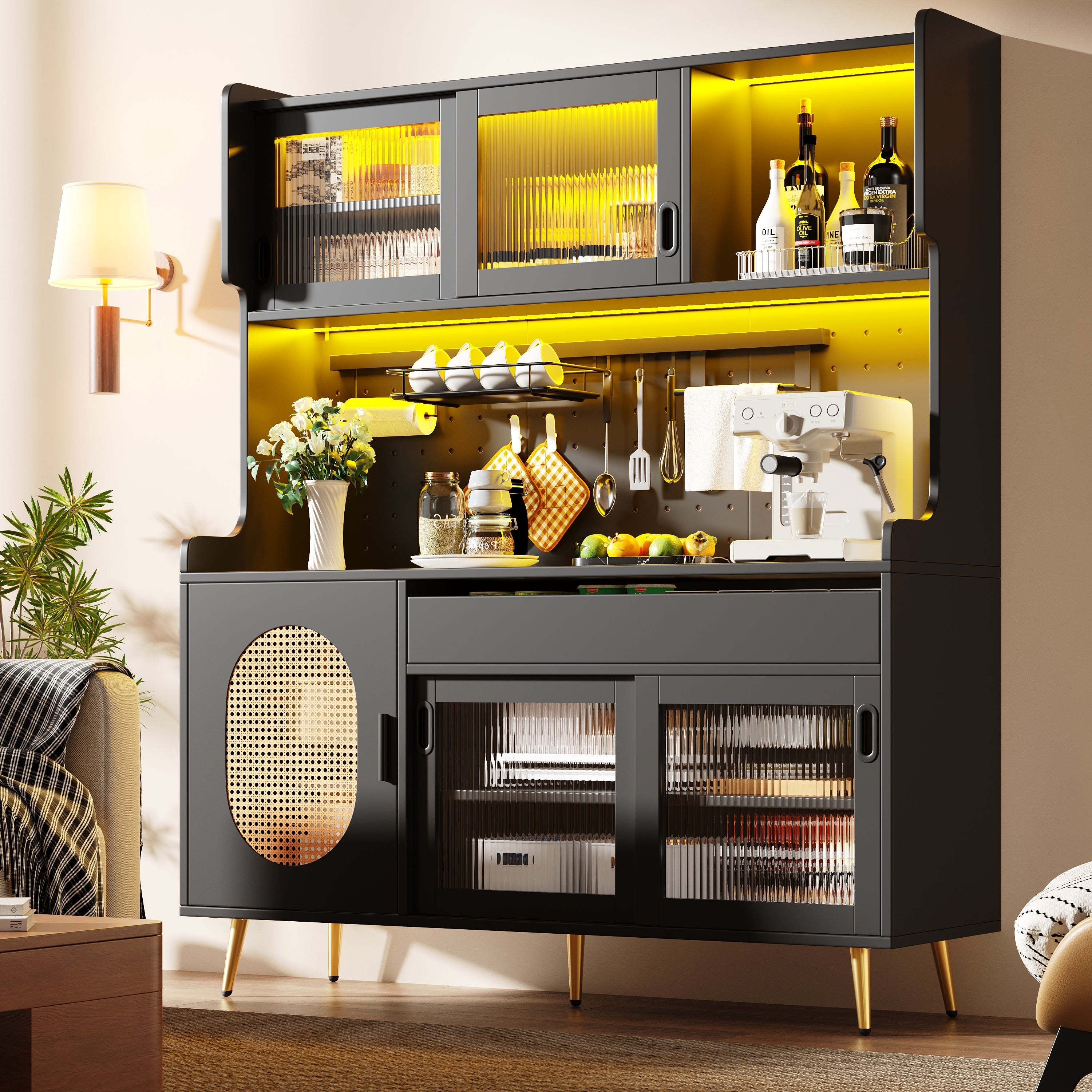 Buffet Cabinet with LED Light Strip and Fluted Glass Doors, Brown and Black
