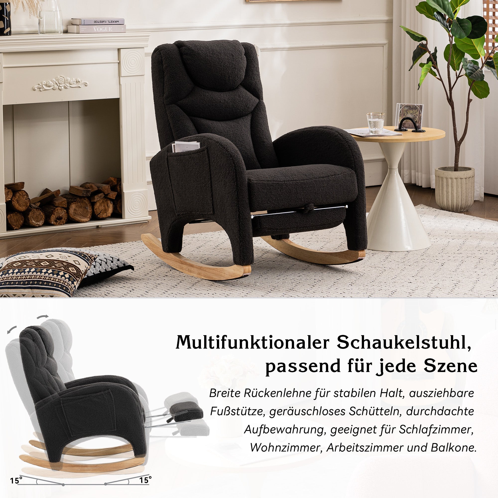 052 Rocking Chair, Upholstered with Armrest, Dark Grey Teddy Fabric