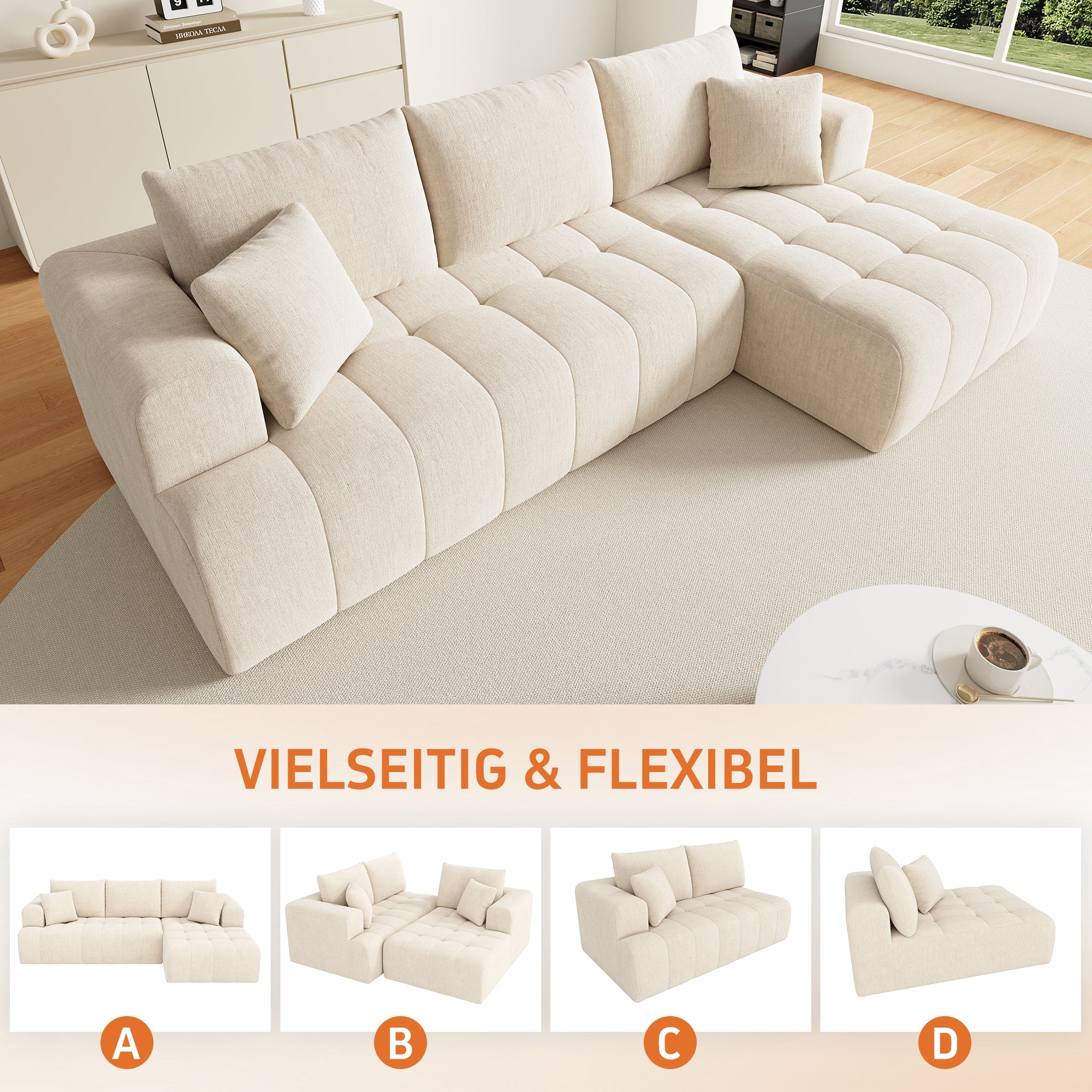 Cloud Modular L-Shaped Corner Sofa with Low-Profile Design, Beige Chenille