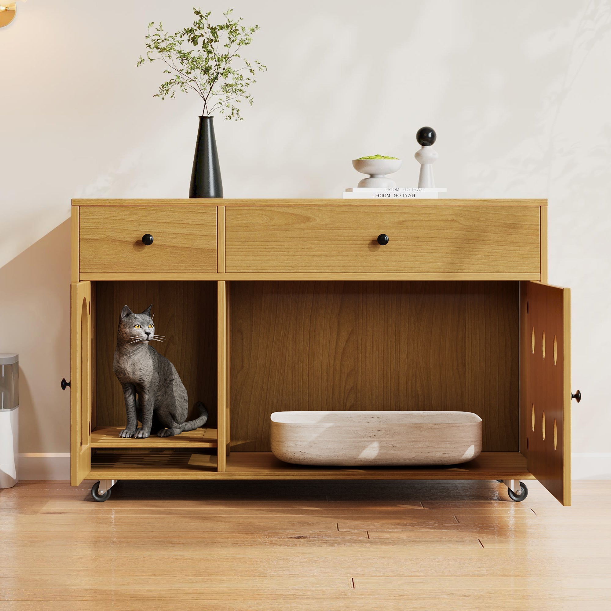 Cat Litter Box Cabinet, Removable Sand Drain, Odor-Insulated, 100x45x66 cm, Natural Wood/Yellow Maple Color