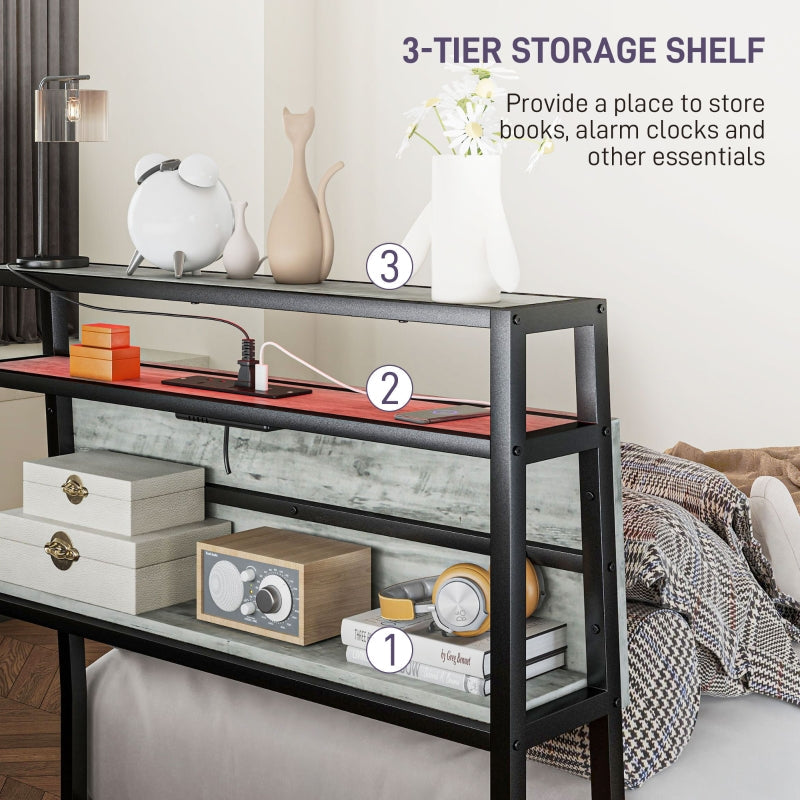 Single Bed Frame with LED Lights and Headboard Shelf, Steel Grey