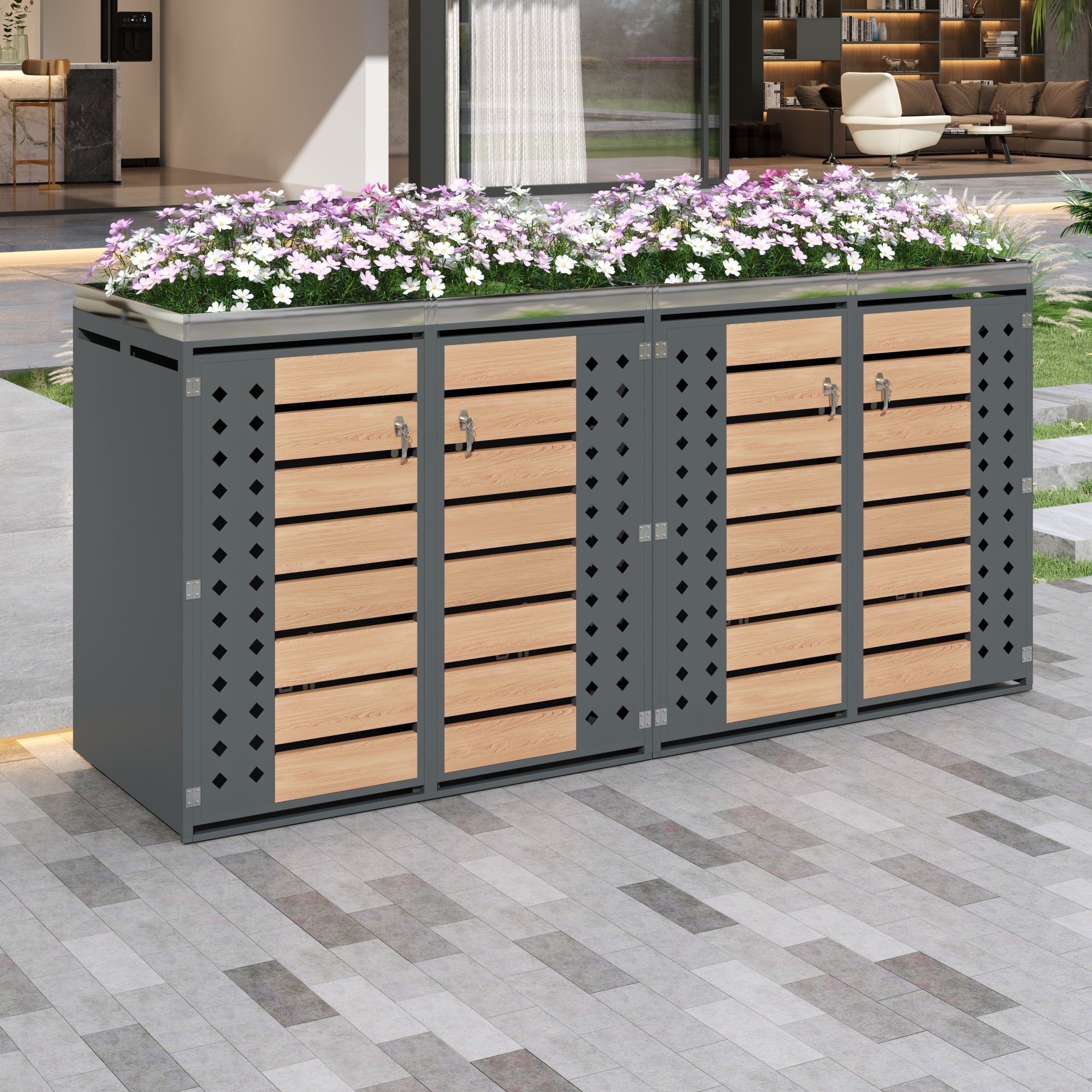 Garbage Can Enclosure with Lockable Four Doors and Planting Area, Horizontal Wood Grain Panels