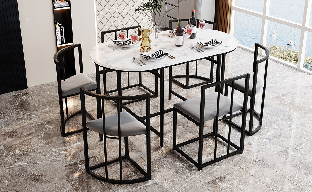 Dining Table Set, 6-Piece Round White MDF Table with 4 Dark Grey Velvet Chairs & Black Iron Frame