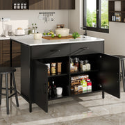 Black Bar Table with Marble Texture Tabletop and Adjustable Feet, MDF