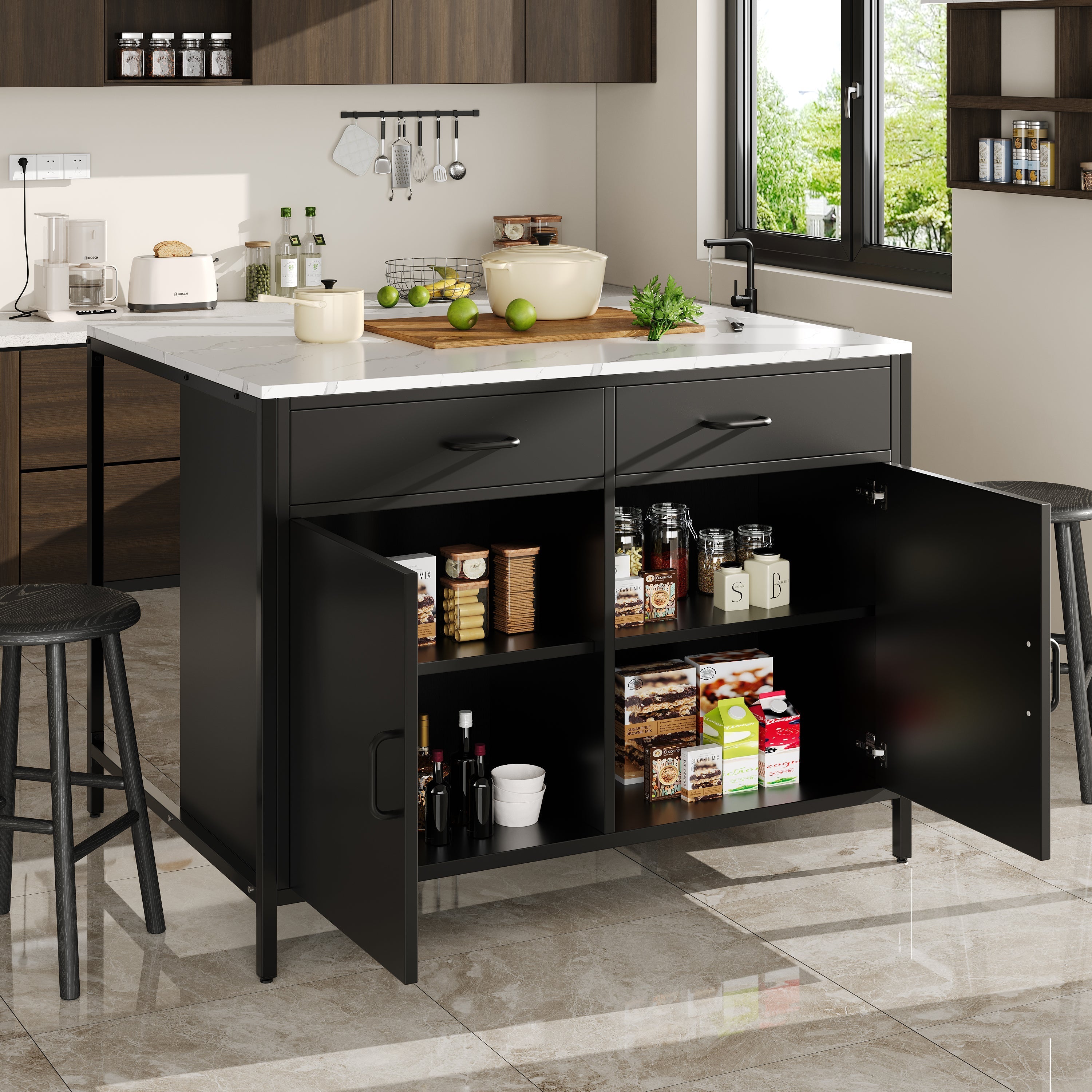 Black Bar Table with Marble Texture Tabletop and Adjustable Feet, MDF
