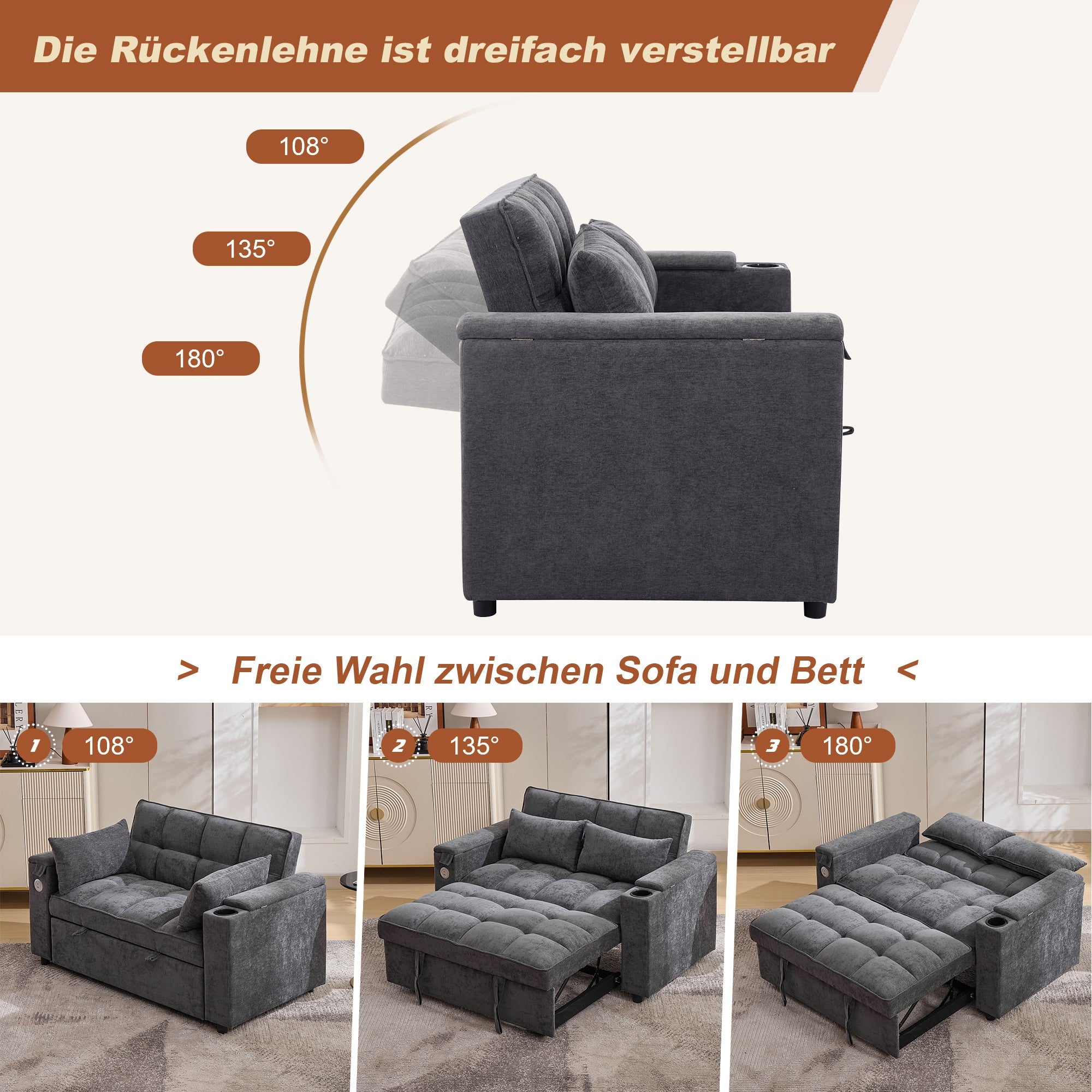 3-in-1 Sleeper Sofa Adjustable USB Hidden Table Cup Holder, Grey