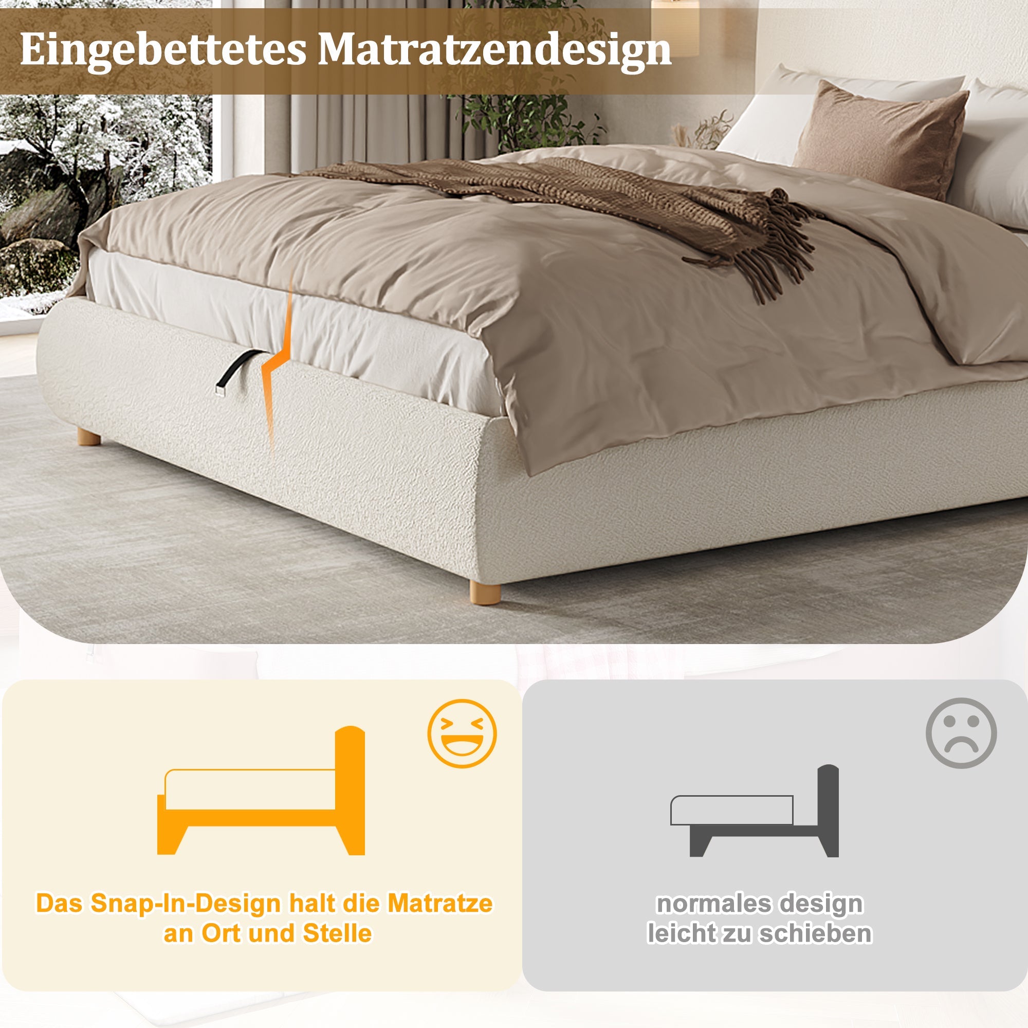 Upholstered Double Bed, 180x200cm Hydraulic Storage Bed with Slatted Frame and Wood Legs, White Bouclé