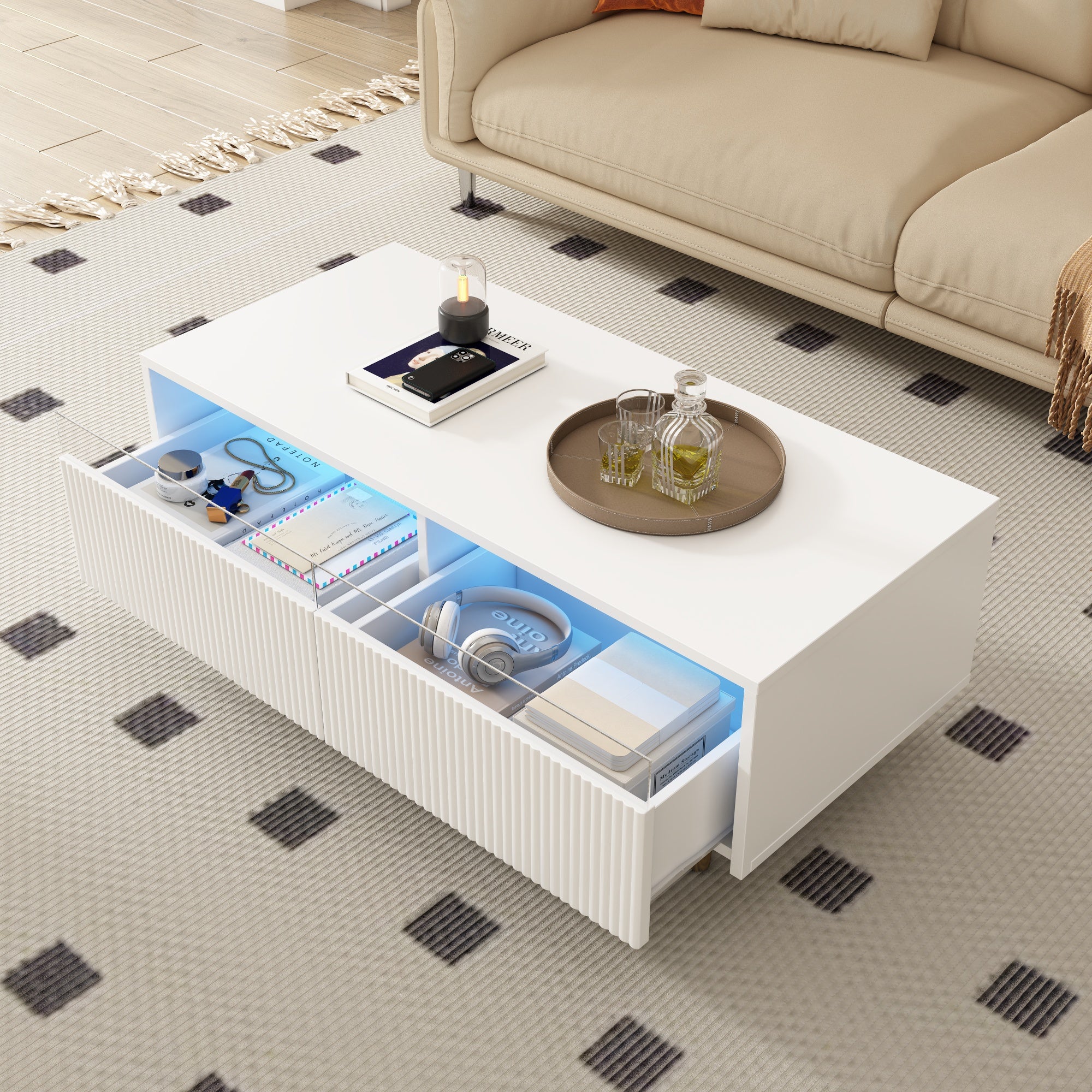 Modern LED coffee table wavy drawer top, two drawers, color-changing light strip, gold and white