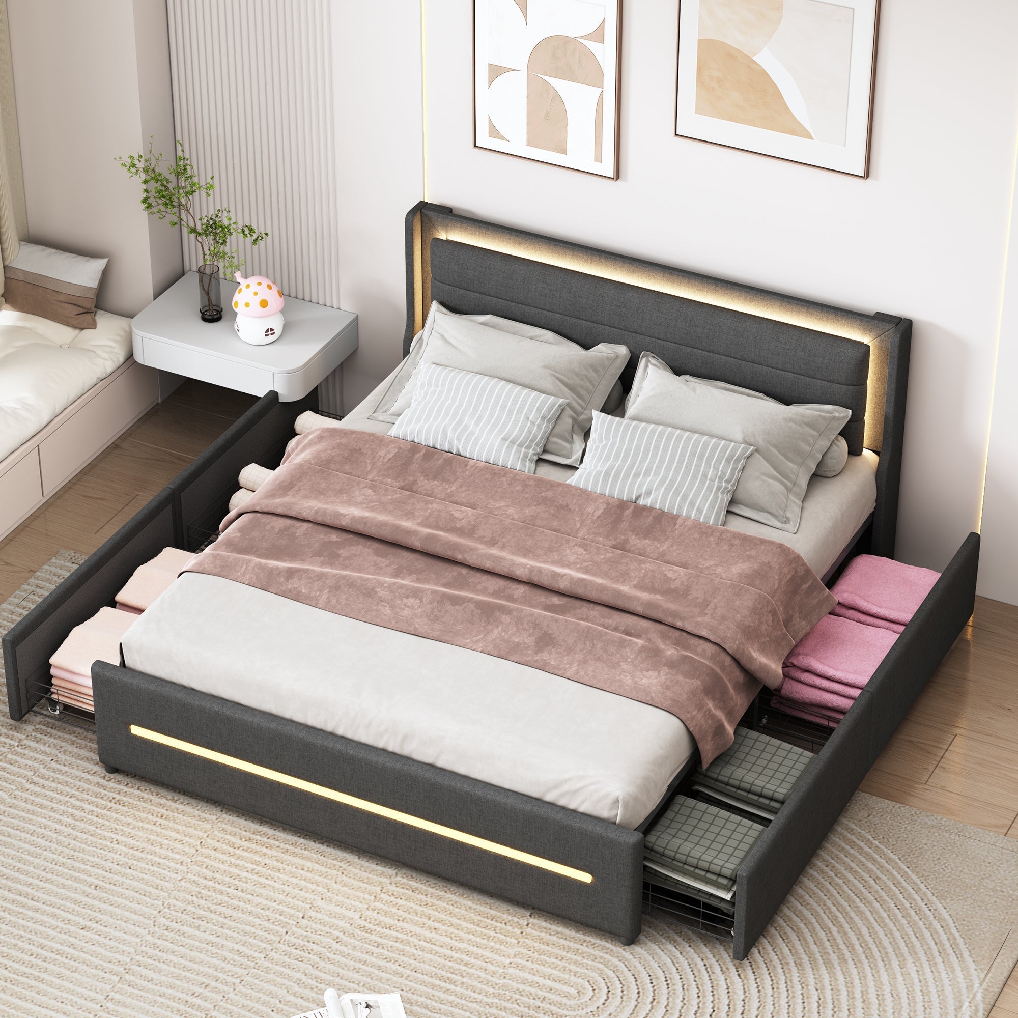 Upholstered Bed 160*200, LED Lighting, 4 Storage, Linen, Gray