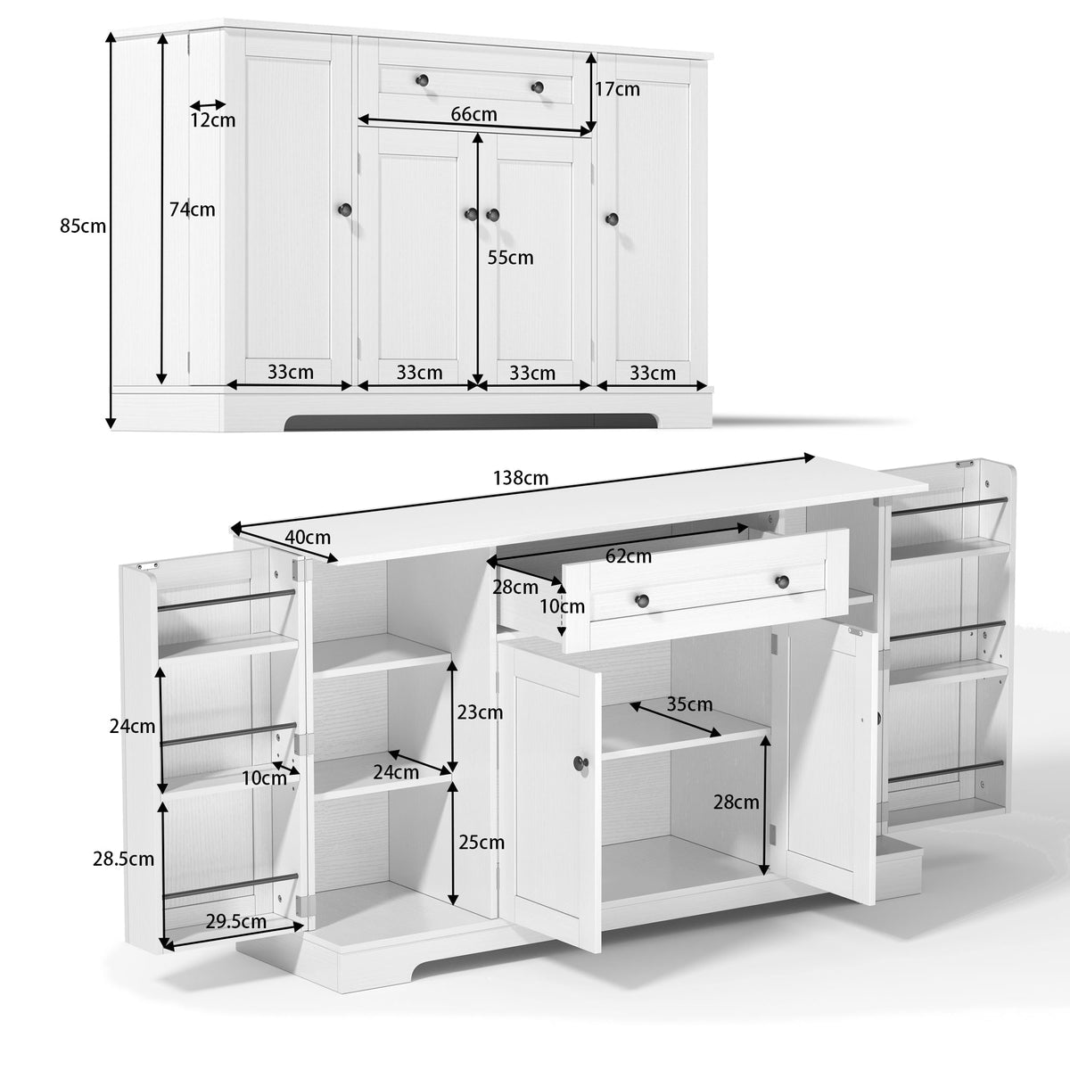 Multifunctional Buffet 138cm Sideboard Drawer Adjustable Shelves