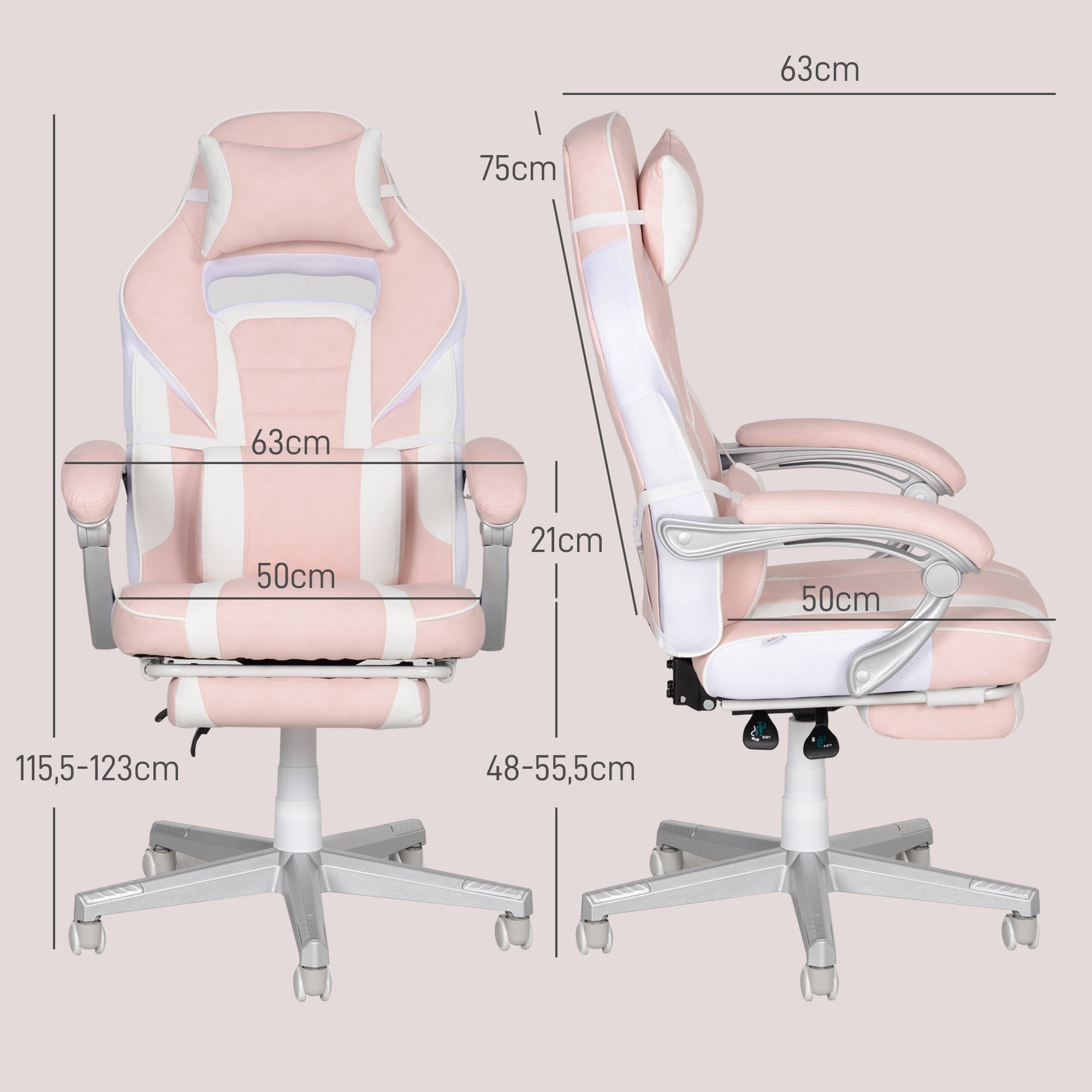 Gaming Chair, Height-Adjustable Swivel with Footrest, Pink Faux Leather
