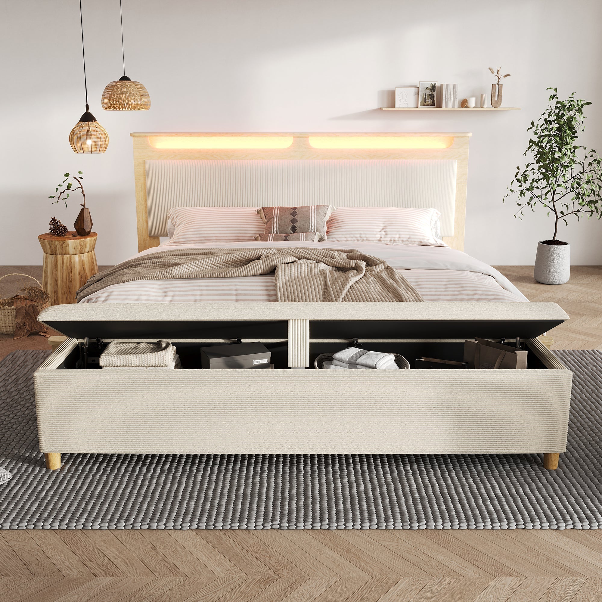 Double Wooden Bed 140×200cm Storage Headboard LED Light Corduroy Backrest, Light Oak