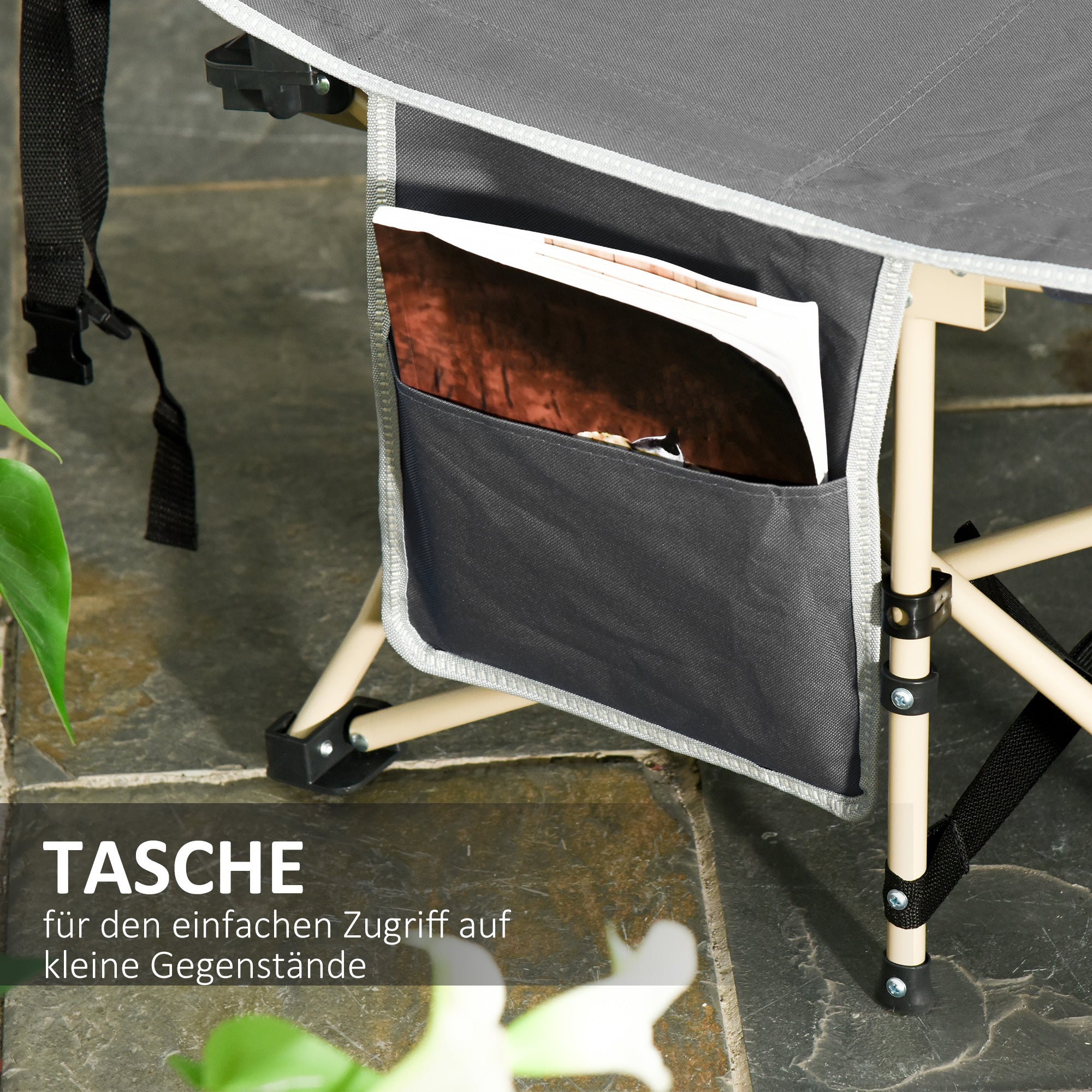 Camp Bed, Foldable Camping Lounger with Carry Bag, Steel Oxford Grey