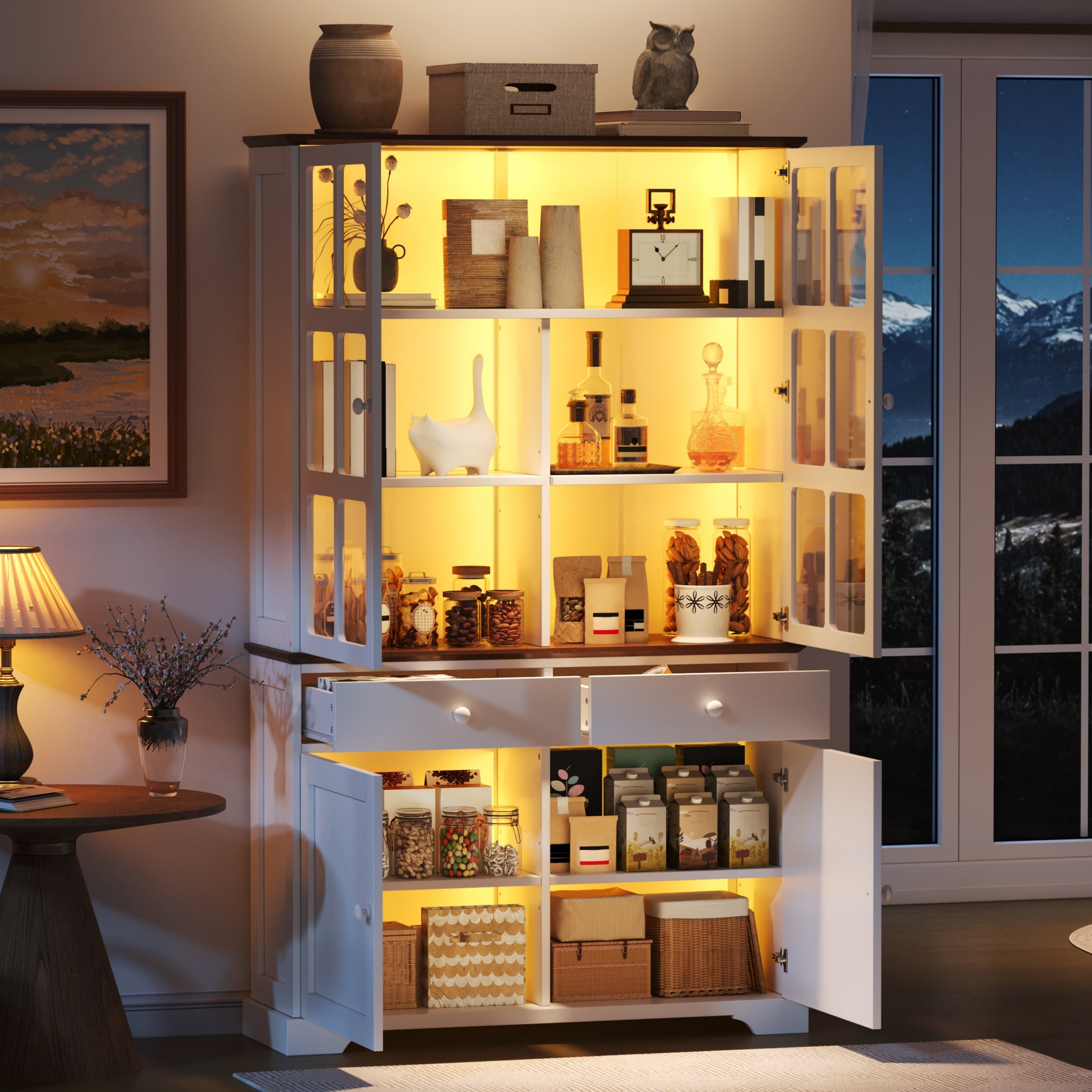Tall Display Cabinet Glass Doors 2 Drawers LED Lighting White
