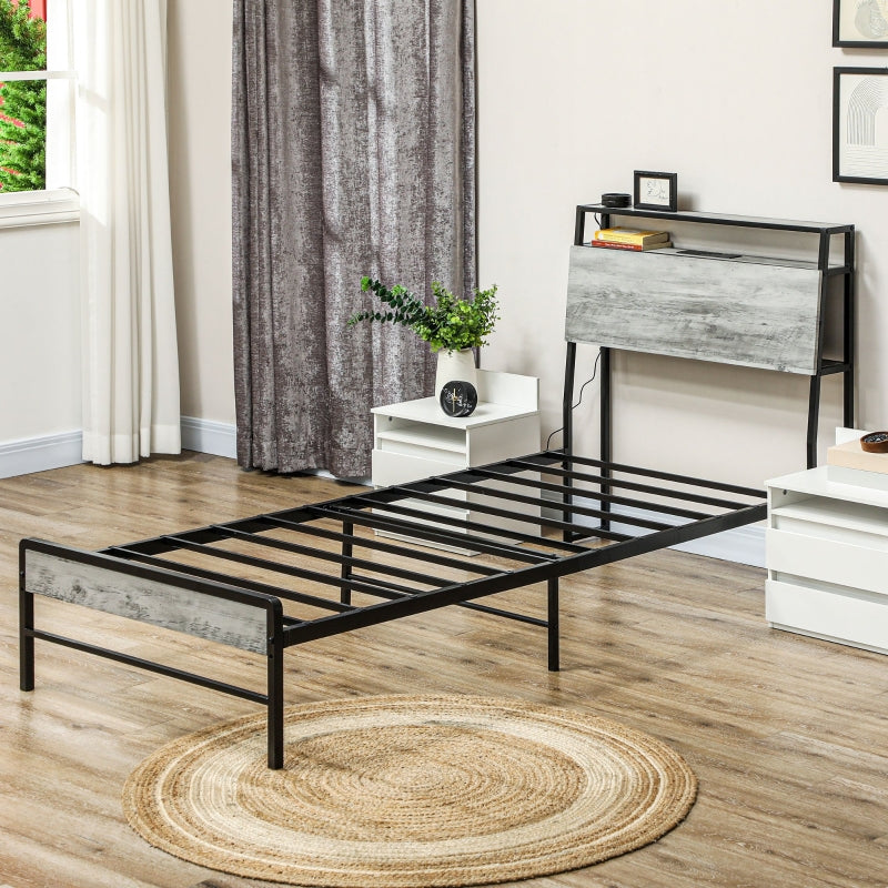 Single Bed Frame with LED Lights and Headboard Shelf, Steel Grey