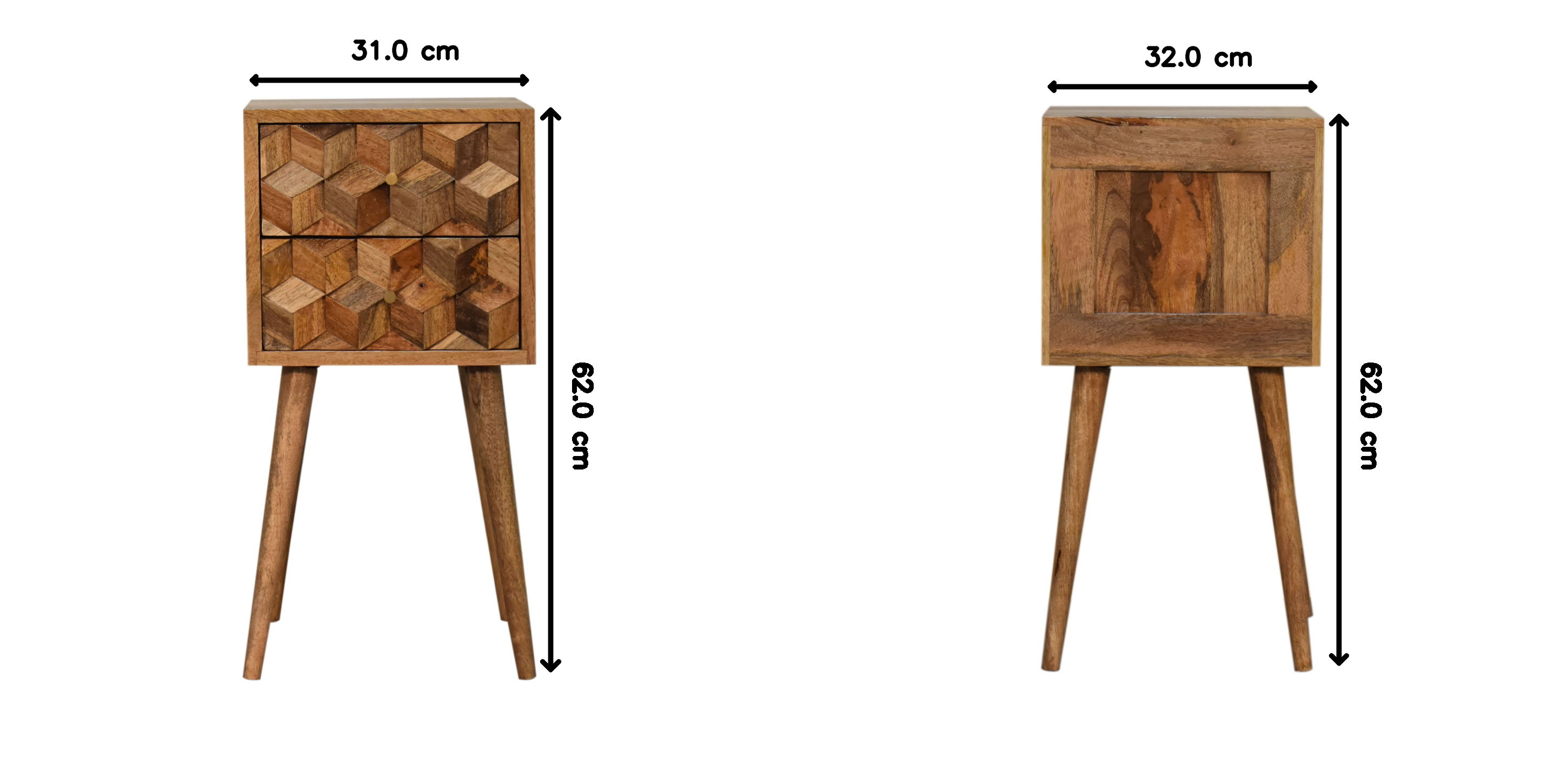 Solid Wood Mini Cube Carved 2 Drawer Bedside, Brown