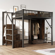 Metal Loft Bed 140x200cm, Wardrobe, Drawers & Storage Ladder, Black Wood & Metal
