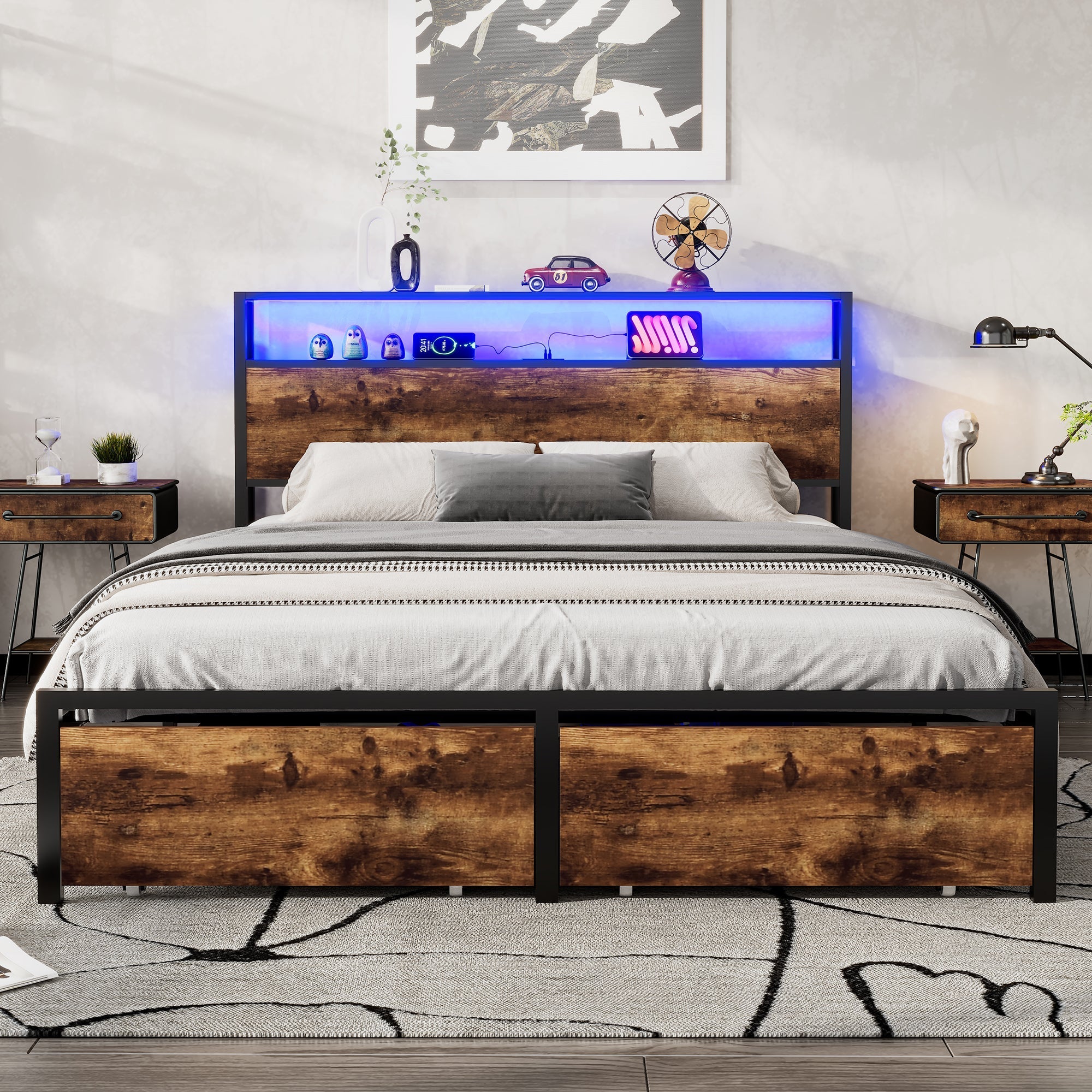 Metal Bed, 4ft6 Double with LED Strip, 2 Drawers & USB Ports, Black+Walnut Wrought Iron