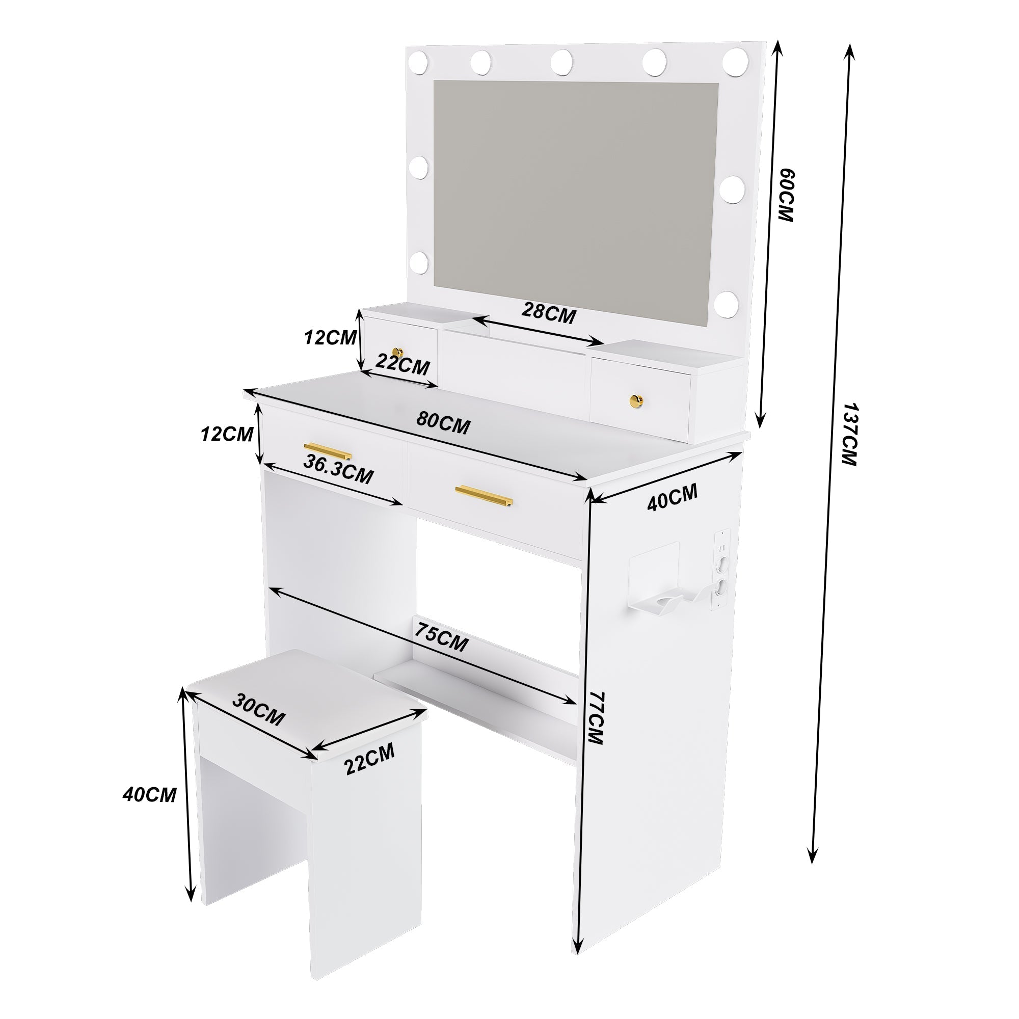 Dressing Table with LED Light, Power Outlet, 4 Drawers & Stool, White