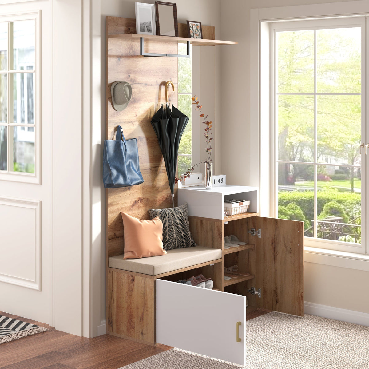 Wardrobe Set with Mirror, Shoe Cabinet, Coat Rack, Bench, Hooks - White and Wood-colored