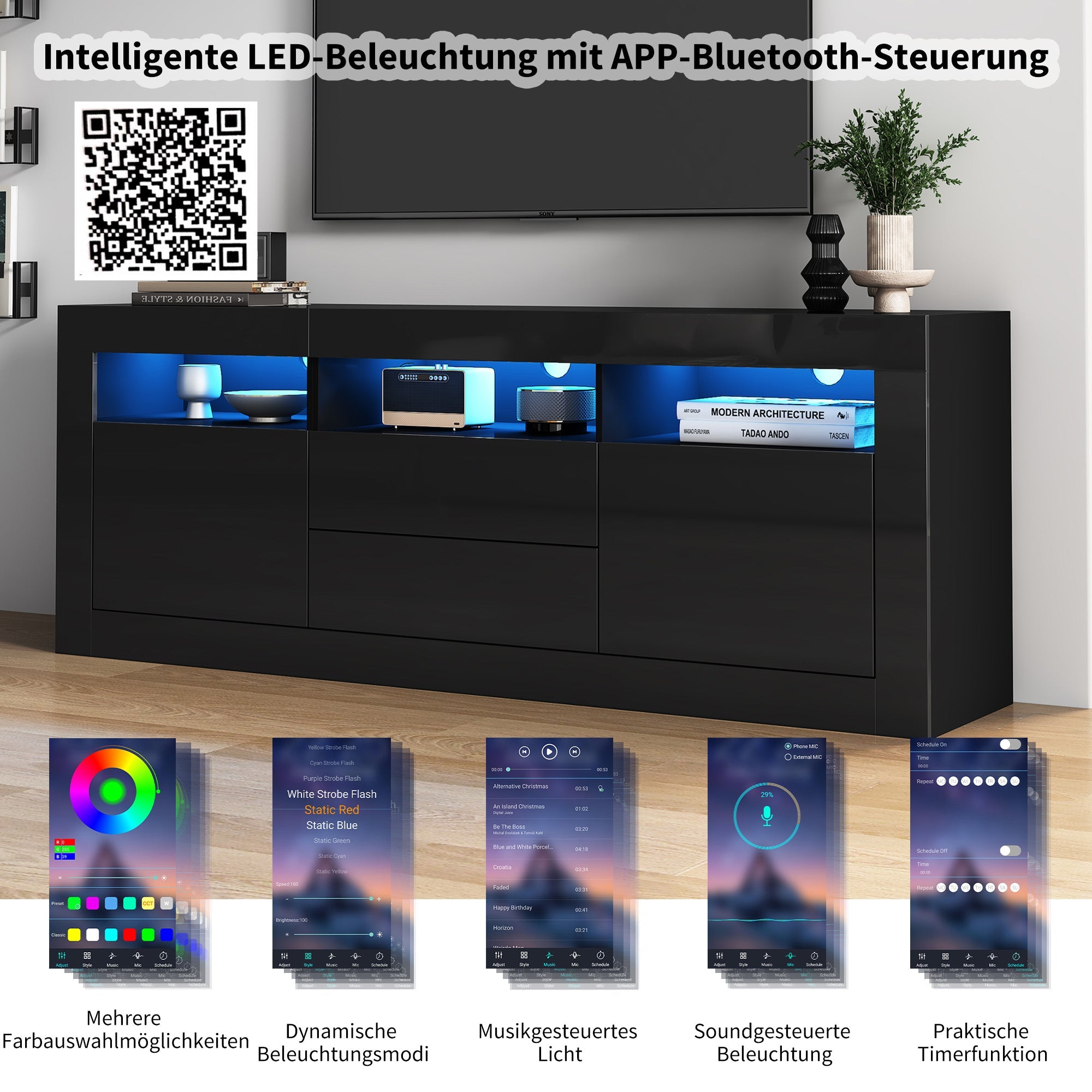 TV Cabinet, 160x35x60cm LED Lighting, 3 Open, 2 Door, 2 Drawer, Smart App Control, for 70-inch TVs, High Gloss