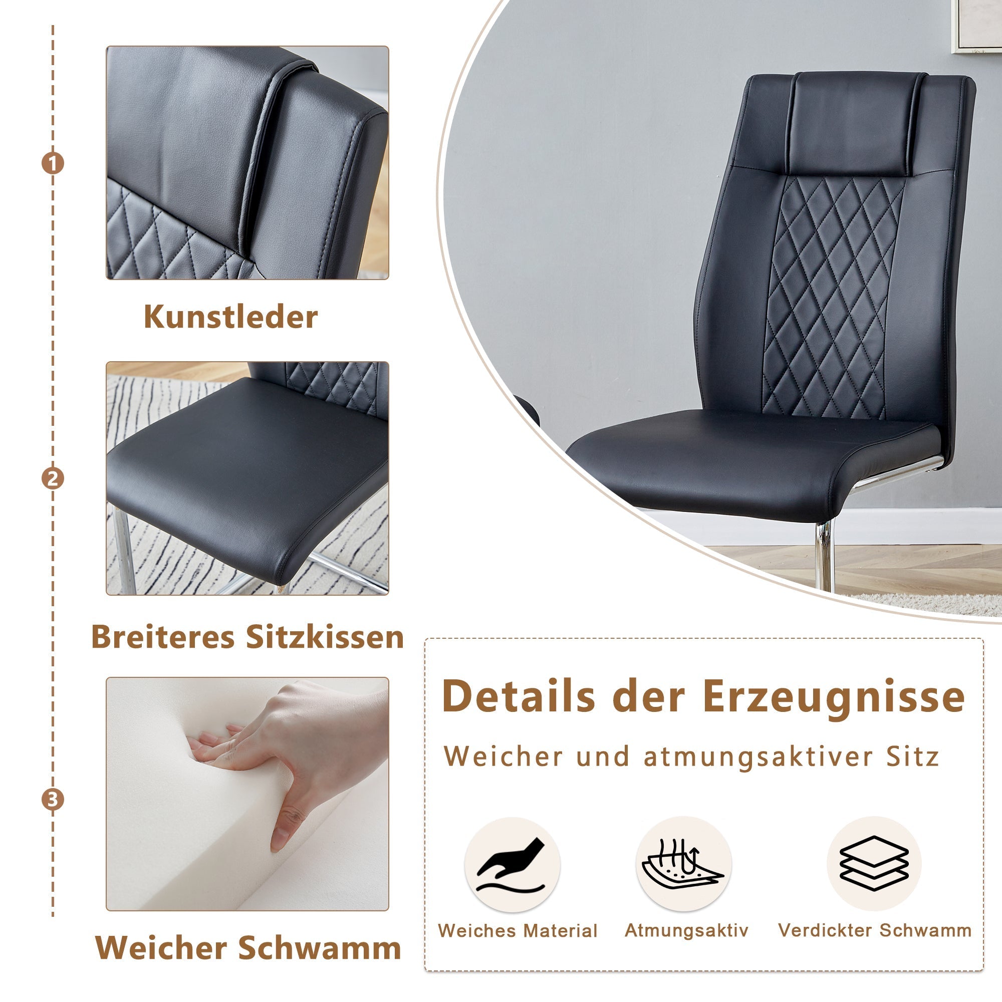 Dining Chair Set of 4 Nordic Style Mesh Stitching Silver Metal Legs Black PU