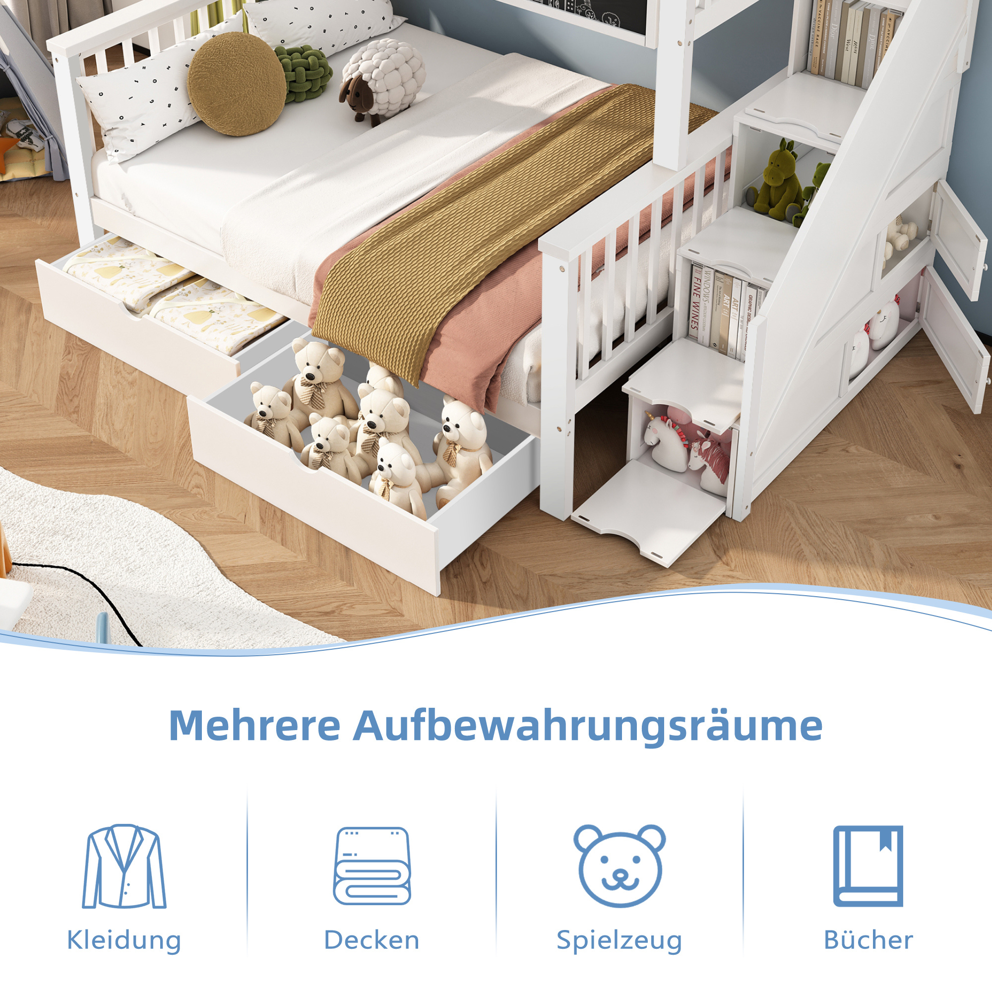 Multifunctional Bunk Bed with Chalkboard and Drawers, 90x200cm and 140x200cm, White