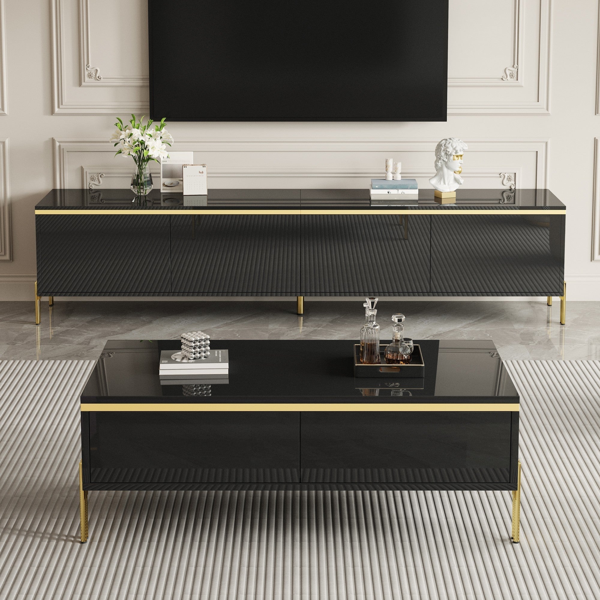 Modern Luxury TV Cabinet & Coffee Table Set - High-Gloss Gold Edges Storage