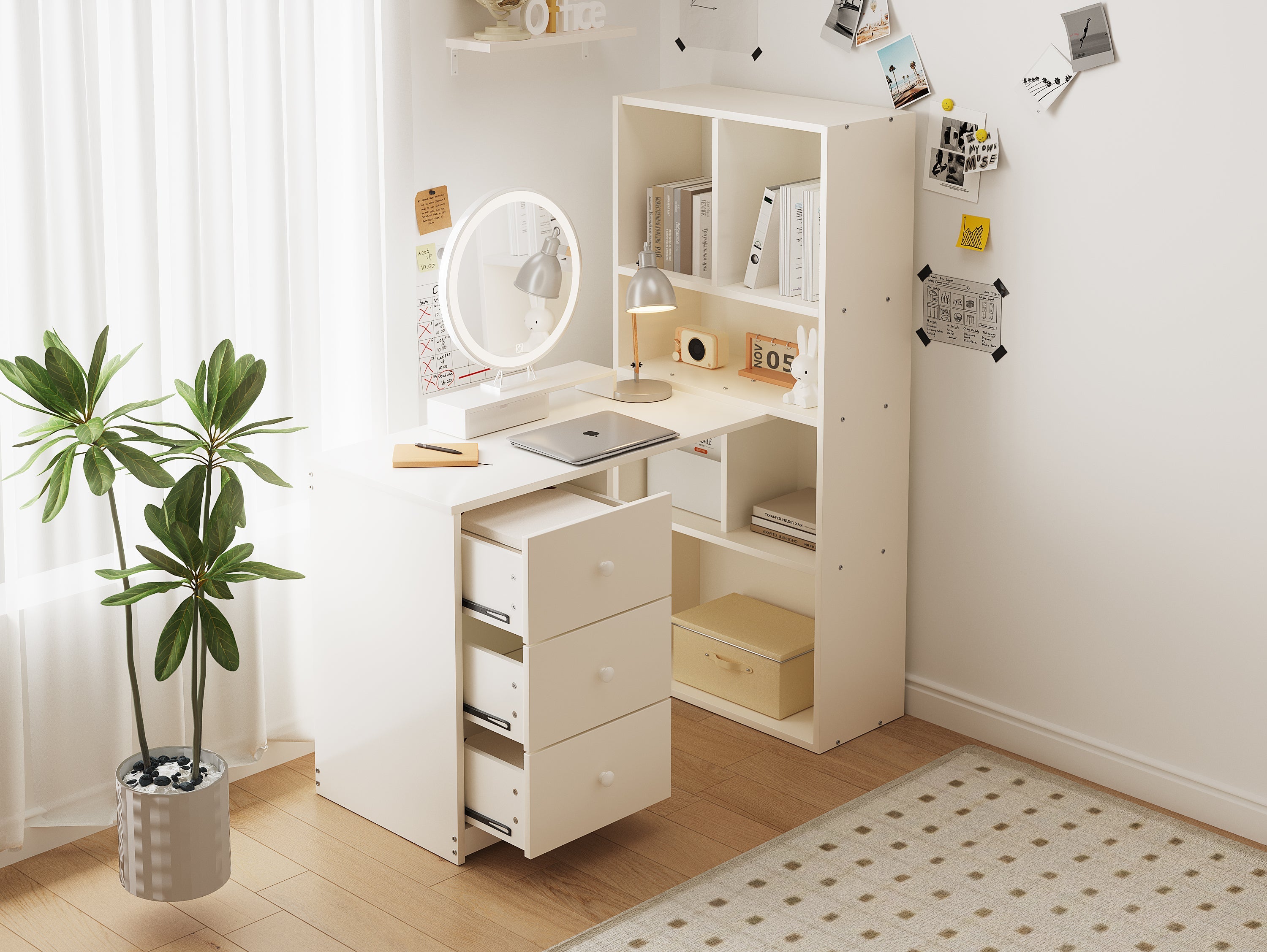 Corner Desk with Bookshelf, 4 Storage and 3 Drawers, White