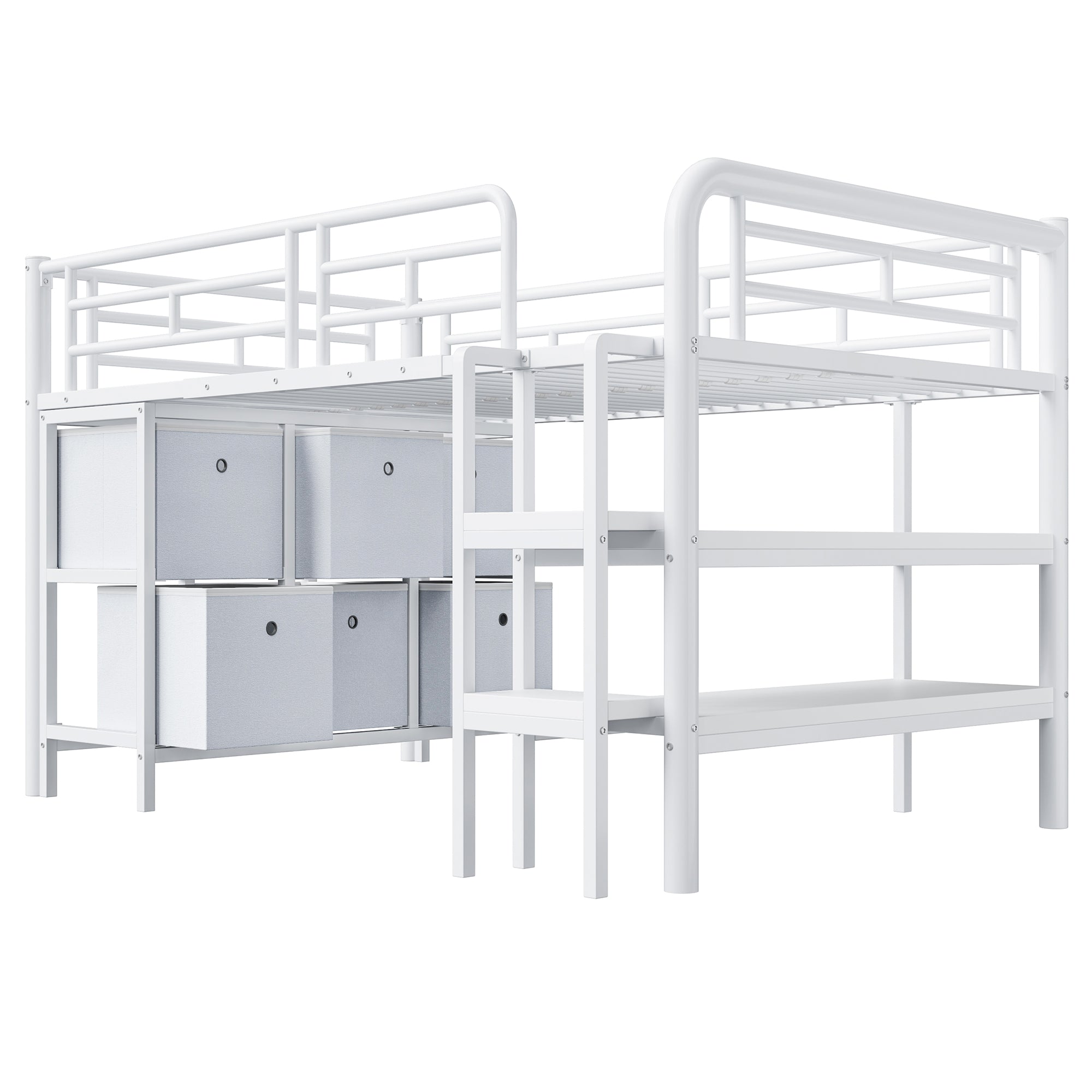 Children's Loft Bed 90x200 with Storage Stairs and Drawers, White Metal