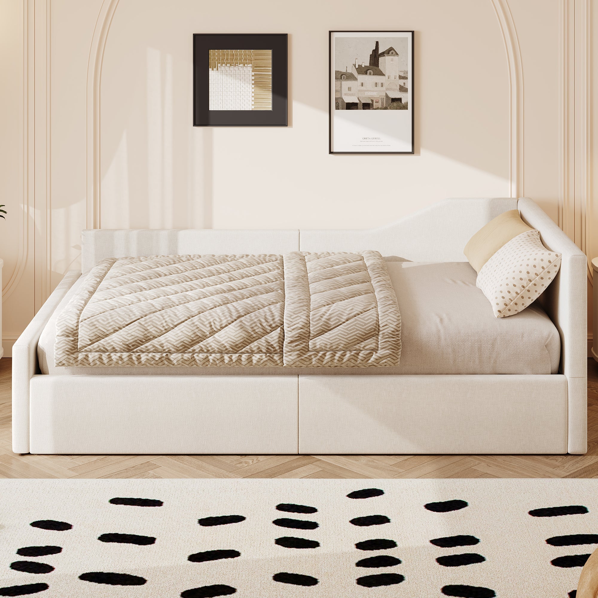 Upholstered Daybed, 140x200 with Under-bed Storage, Beige