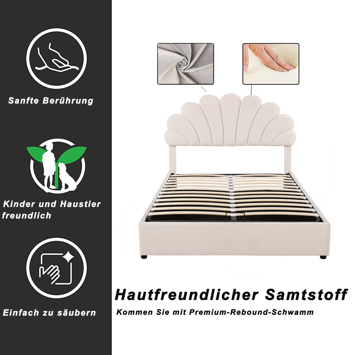 Upholstered Bed 140x200cm Floral Headboard Hydraulic Storage, Beige Velvet