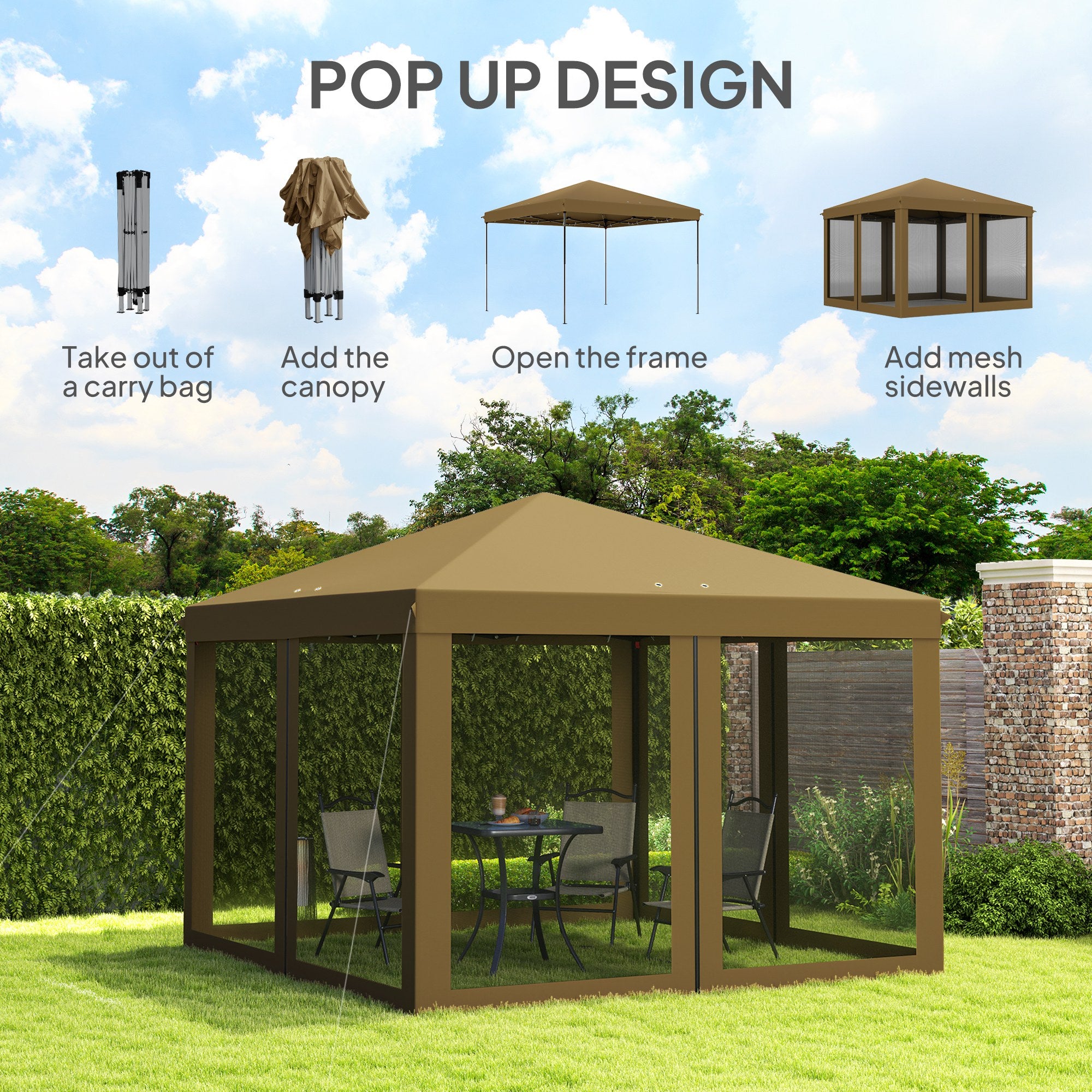 3 x 3 m Pop Up Gazebo with Removable Mesh Sidewalls and Carry Bag, Khaki