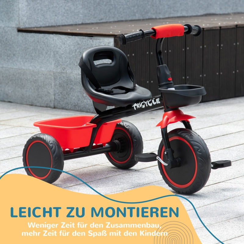 Children's Tricycle with Height-Adjustable Seat and 2 Baskets, Black and Red