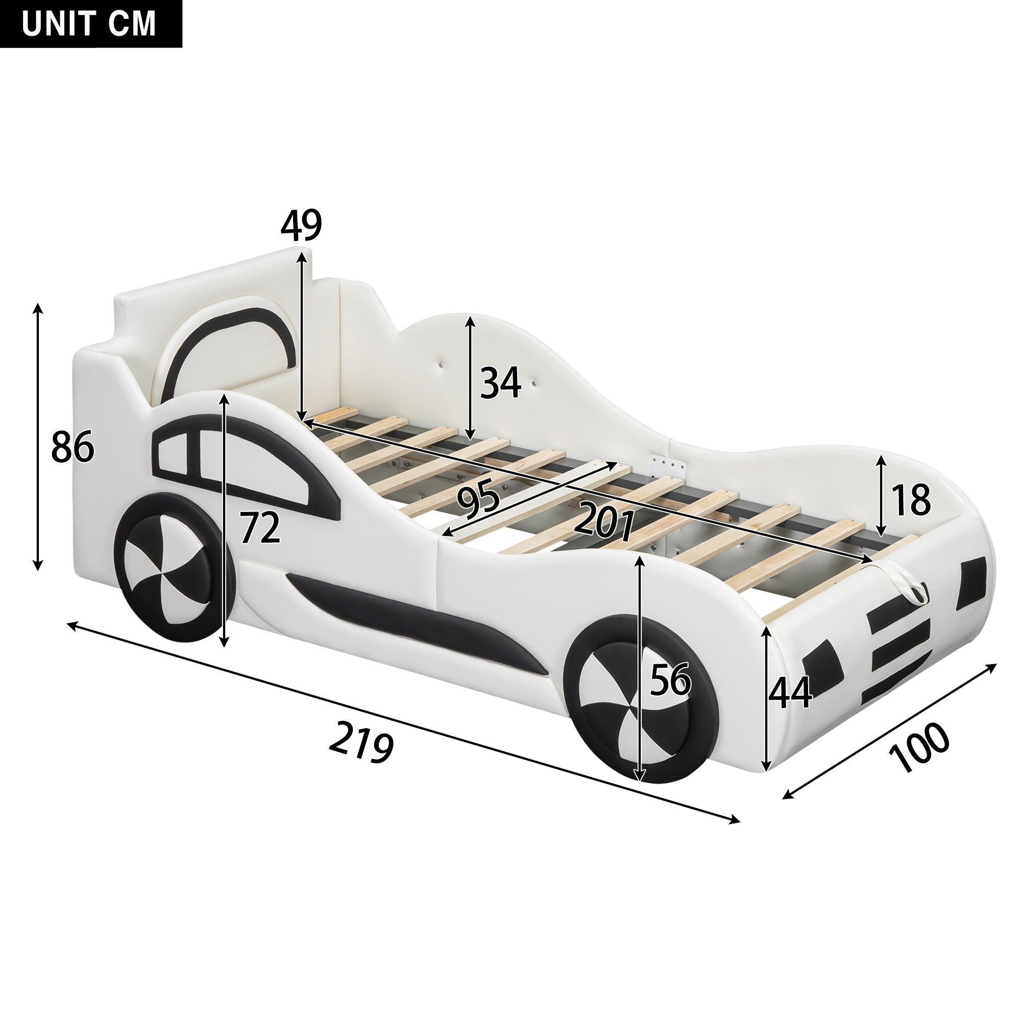 Car Bed, 90x200cm, Flat Bed with Slatted Base & Under-bed Storage, White