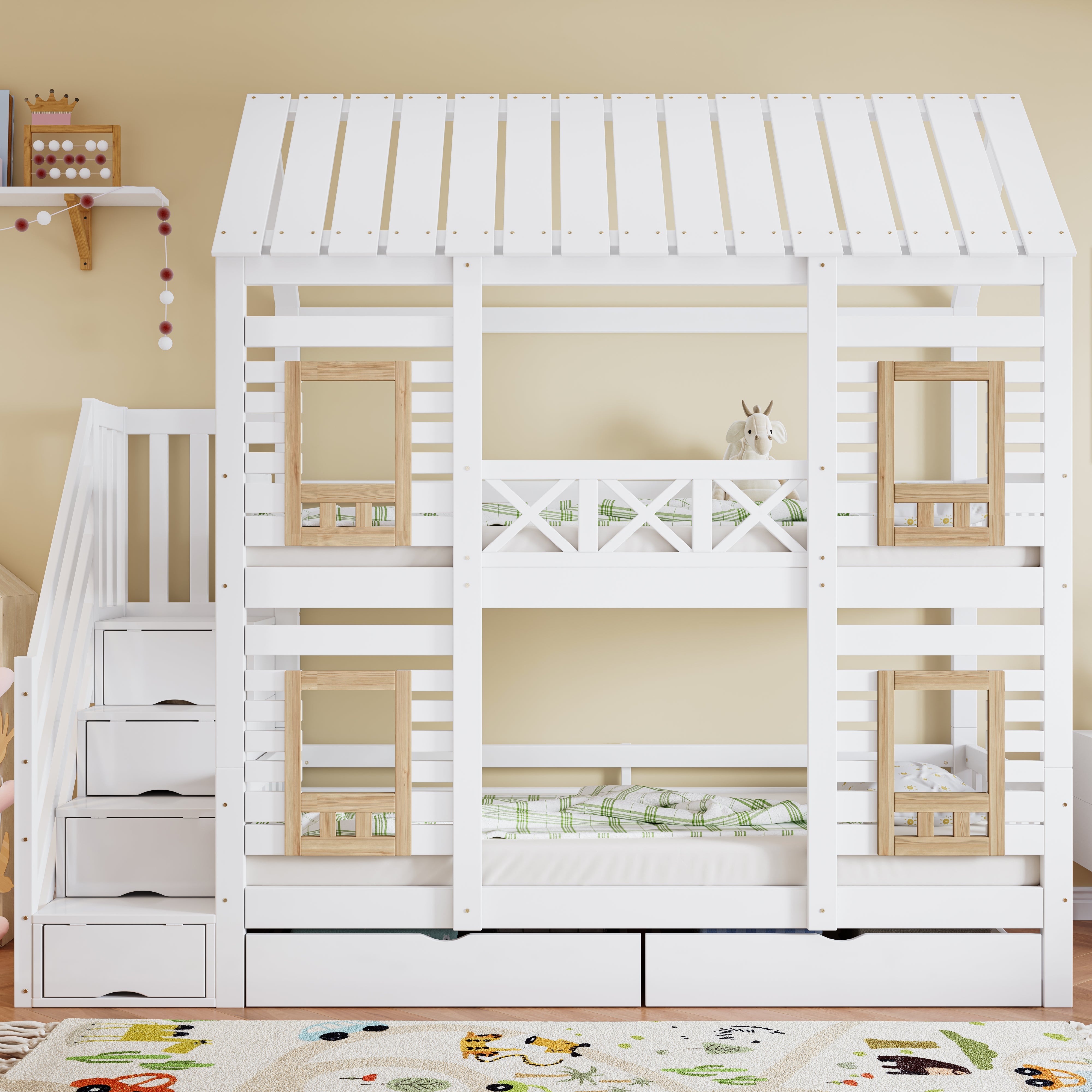 Bunk Bed Children's 90x200cm Safety Rail Storage Drawers Stairs, Pine+MDF White/Natural