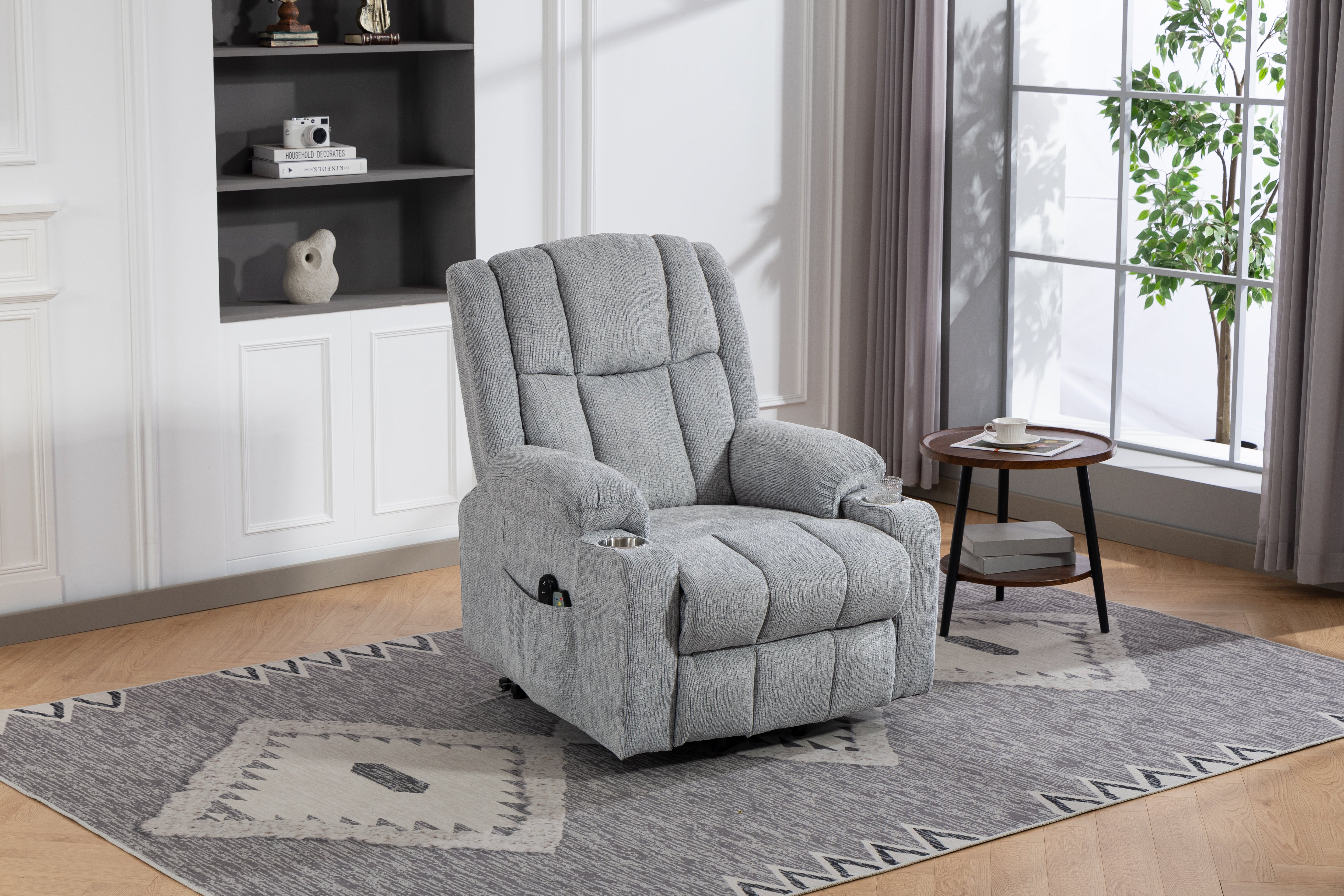 Electric Lift Recliner, Standing Aid, Massage Heat Function, Footrest Cup Holder Light Grey