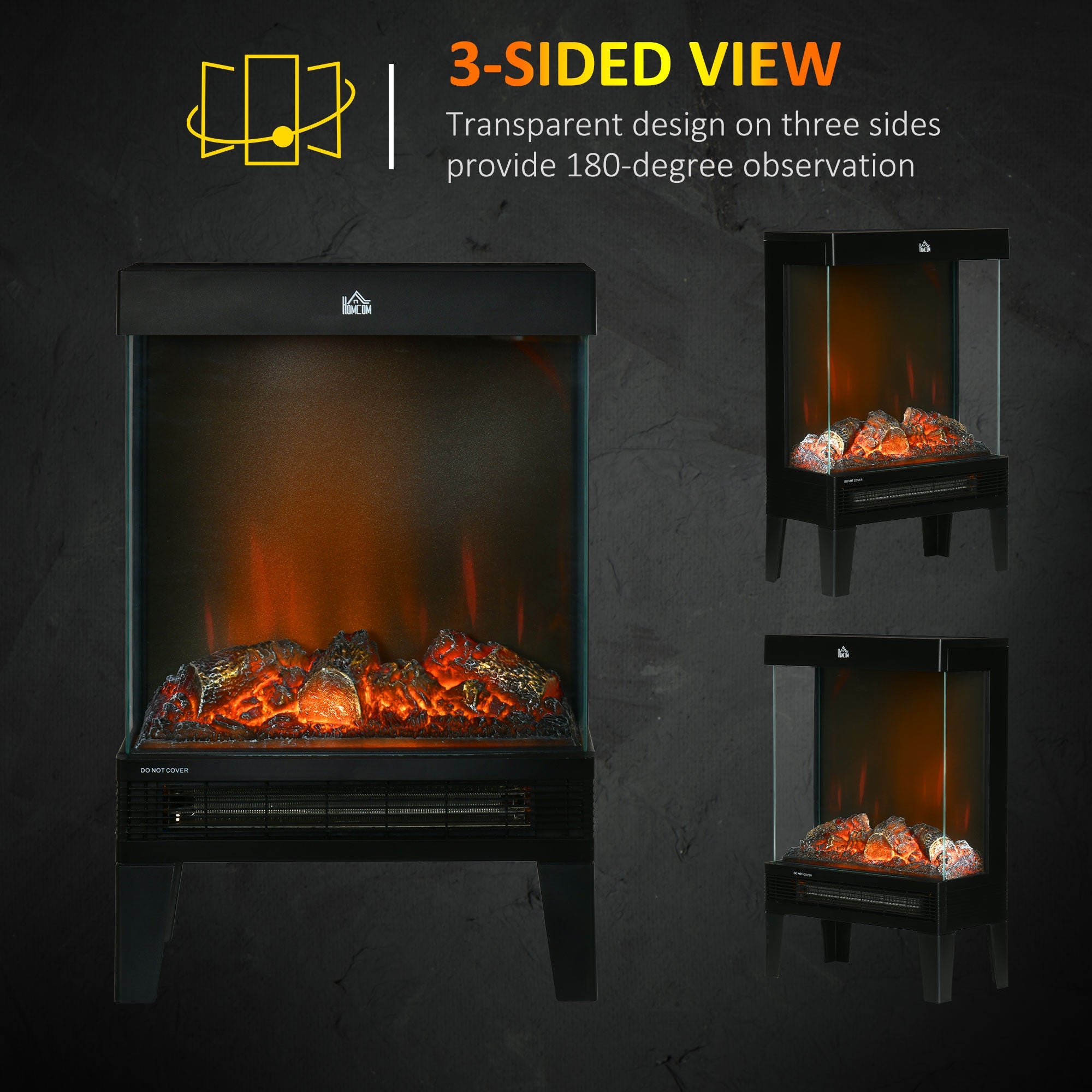 Electric Fireplace Heater Freestanding Stove, 180° LED Flame Effect 1000W/2000W, Black