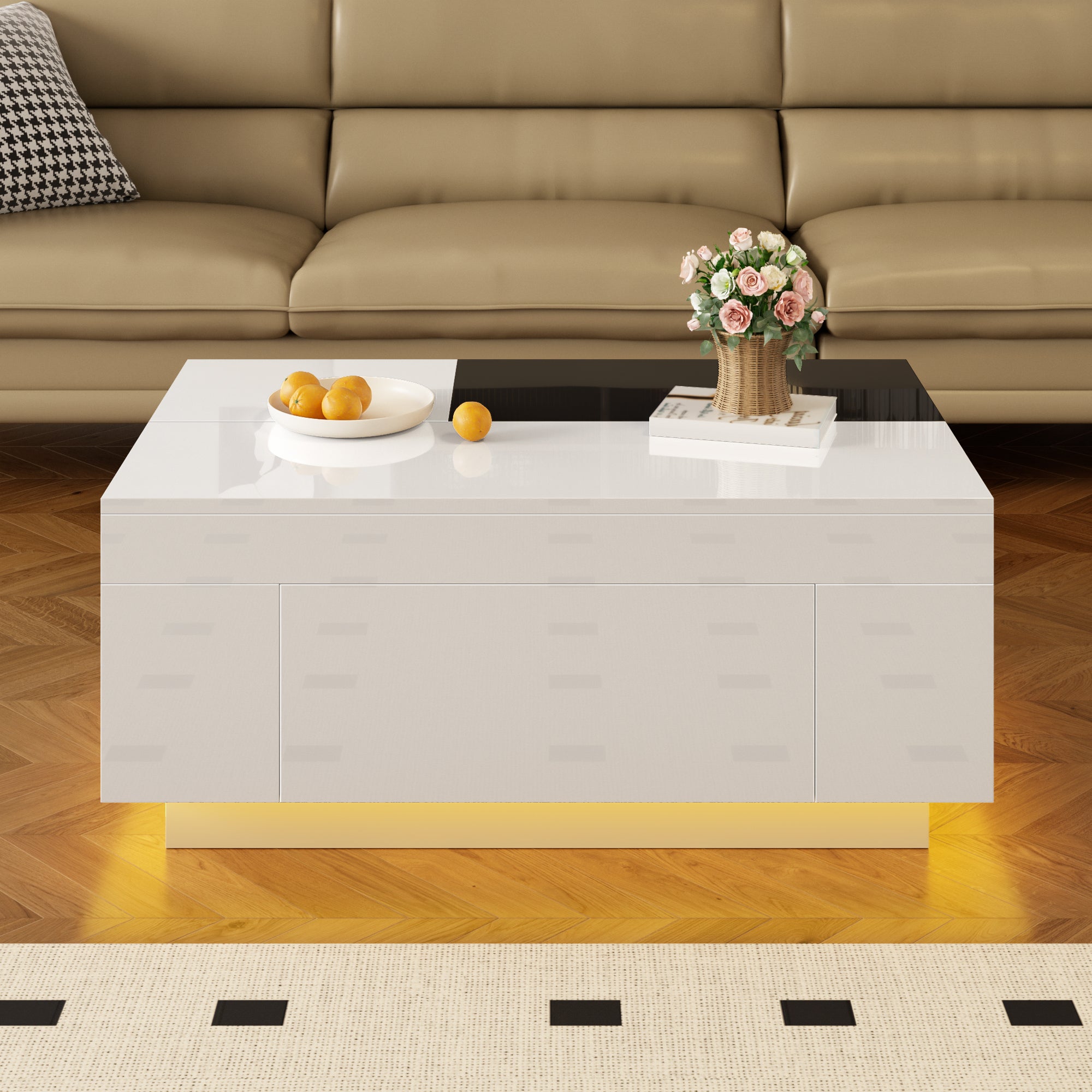 Coffee Table with LED Lighting, Extendable Tabletop, Storage - Black and White