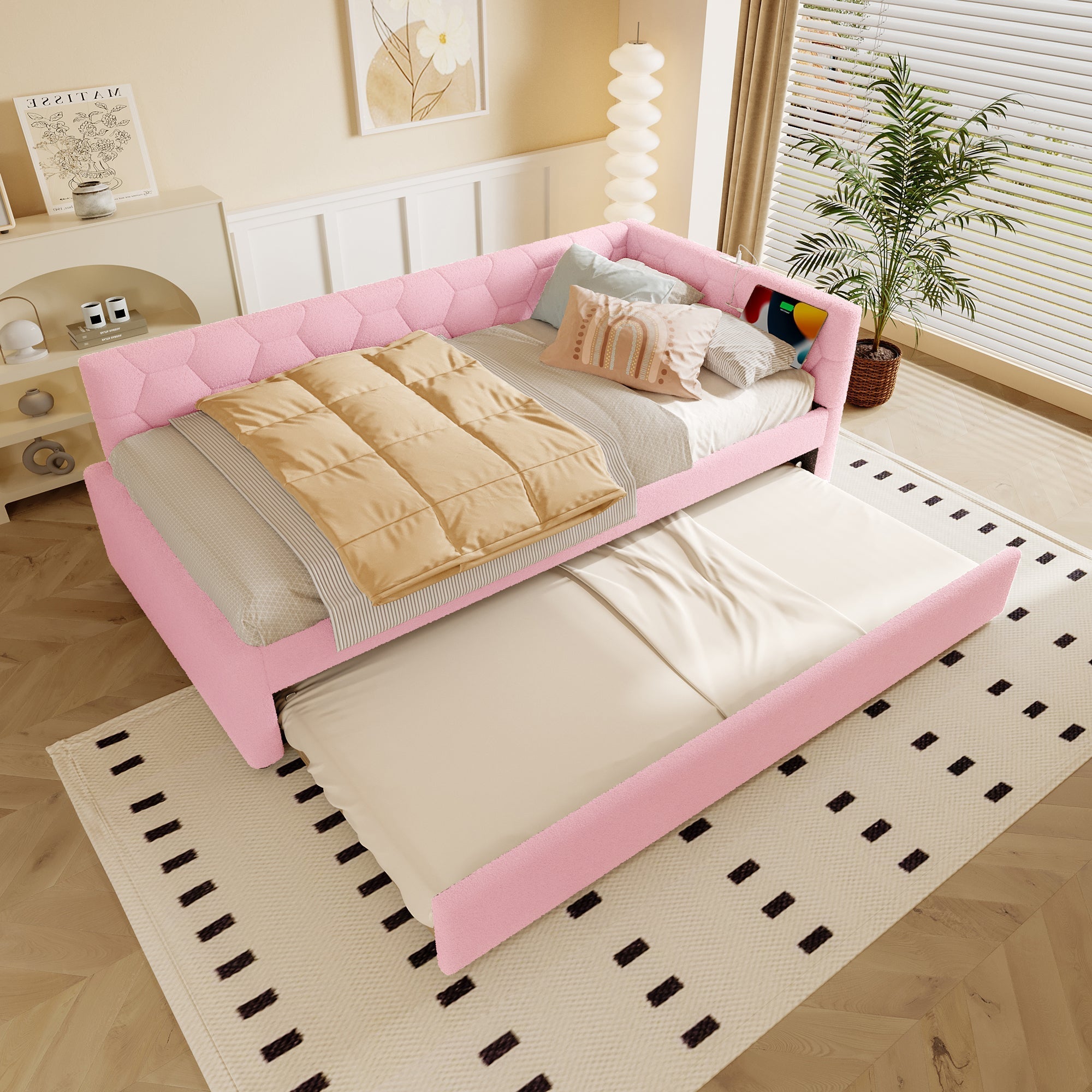 Daybed Sofa Bed 90x200cm Pull-Out Bed Bedside Lamp USB/Type-C Pink Fleece Imitation