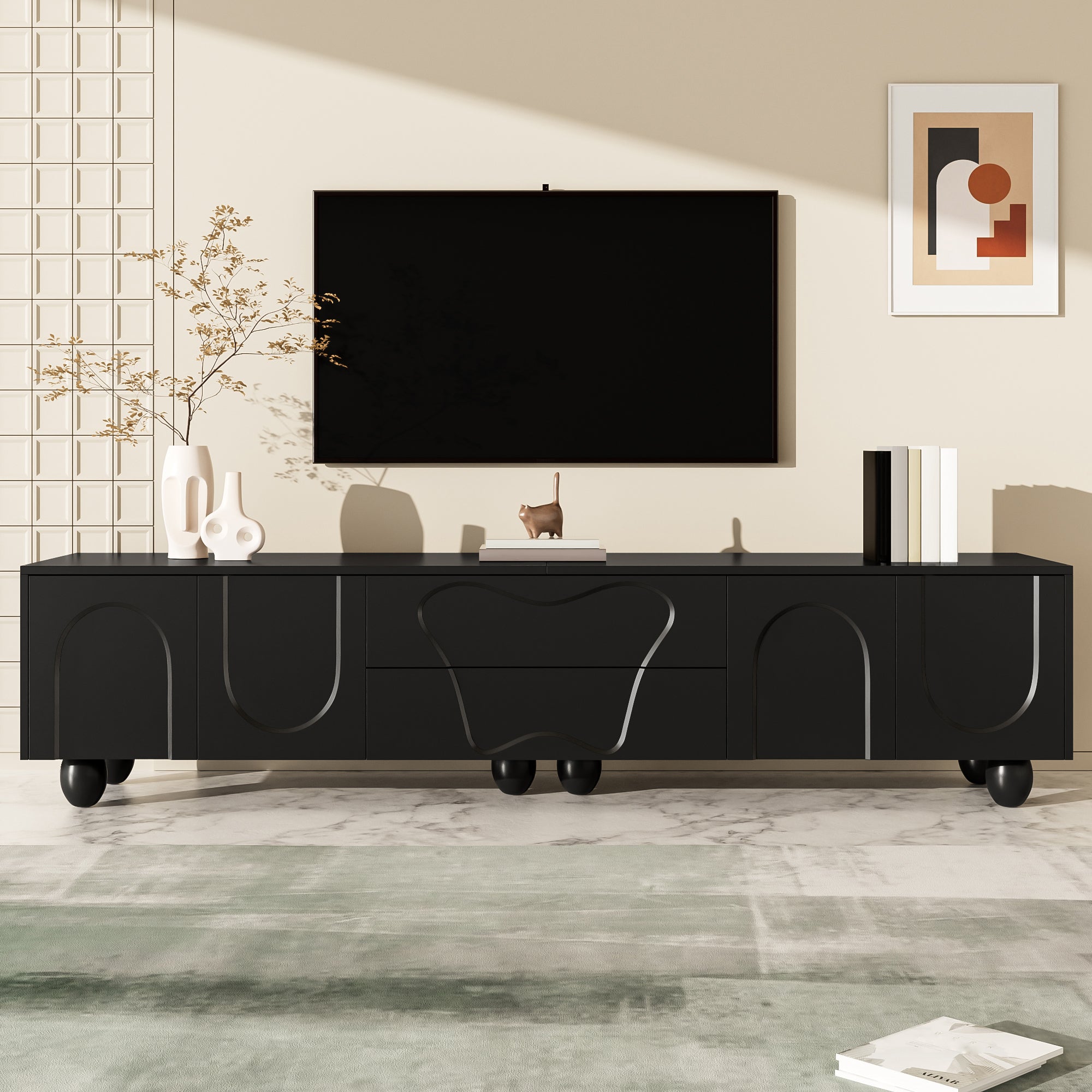 TV Cabinet, 180cm Minimalist Elegant Storage, Black Wooden