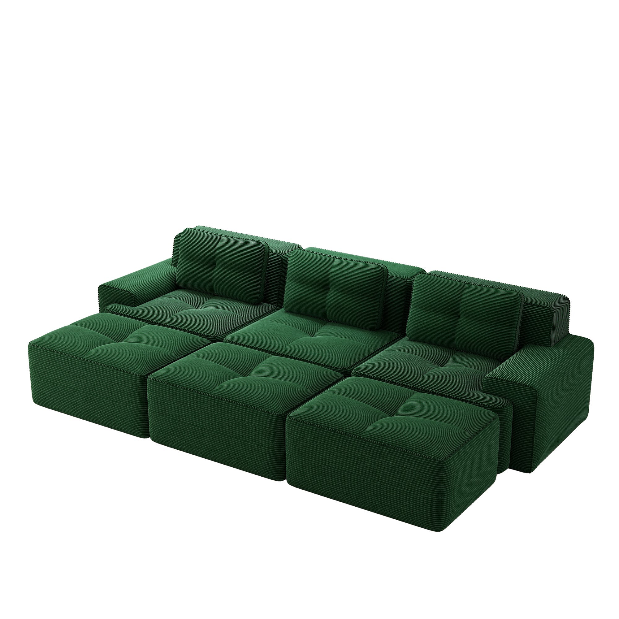 Frameless Modular Corner Sofa Sleeper with 3 Ottomans - Green Corduroy