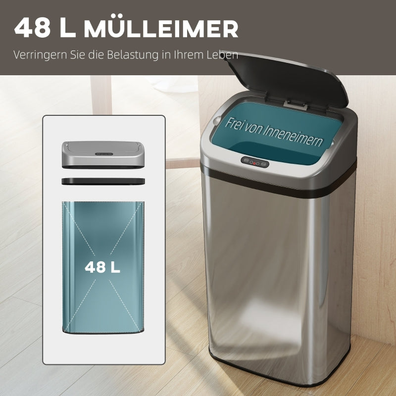 Sensor Trash Can 48L Automatic Closing - Stainless Steel Silver Tone