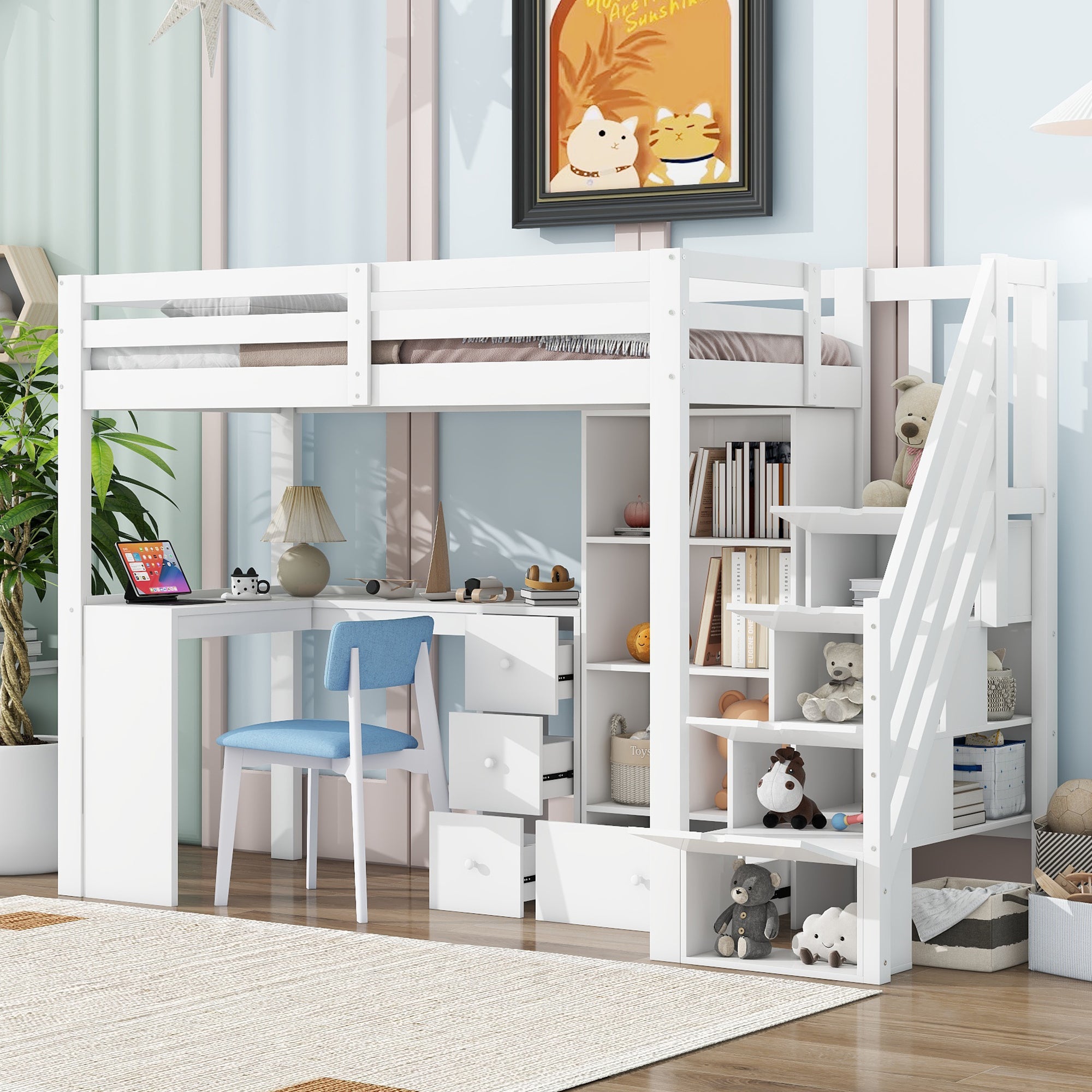 Loft Bed 90x200cm Desk Drawers Storage Stowable Ladder EN 747 Certified White