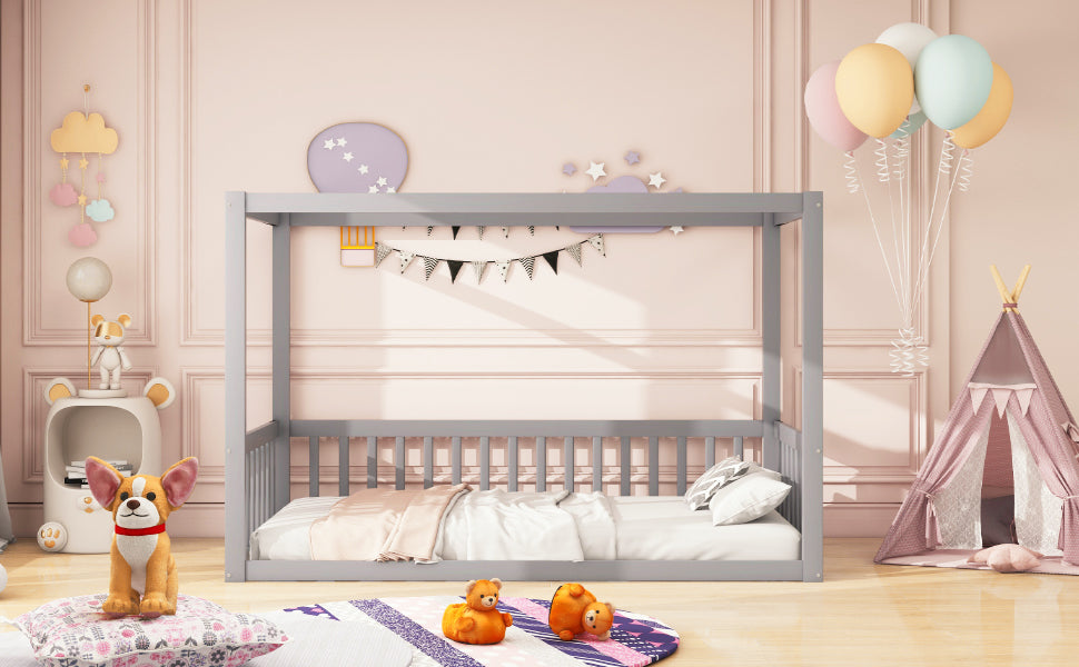 Children's Canopy Bed - 90 x 200 cm, Solid Wood Frame, Grey