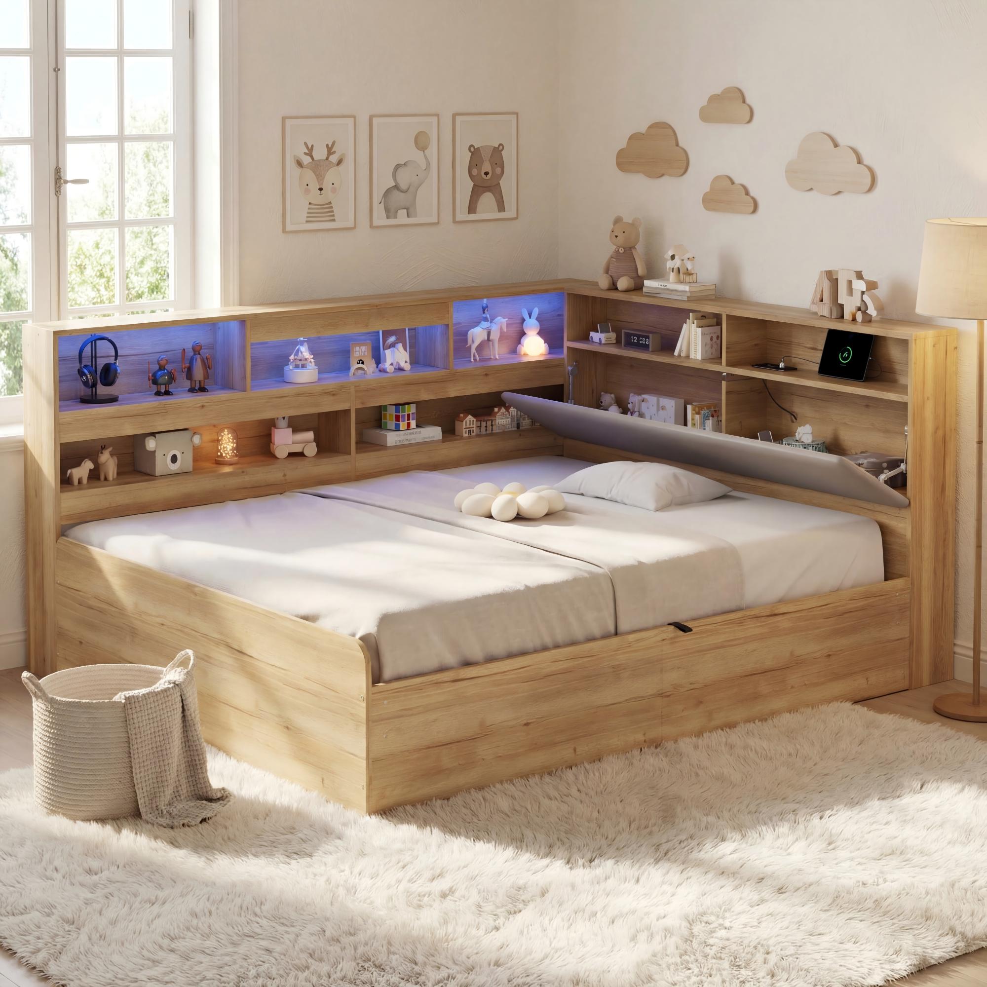 Daybed with Hydraulic Storage, USB Charging and LED Lighting, 140x200cm, Natural Wood