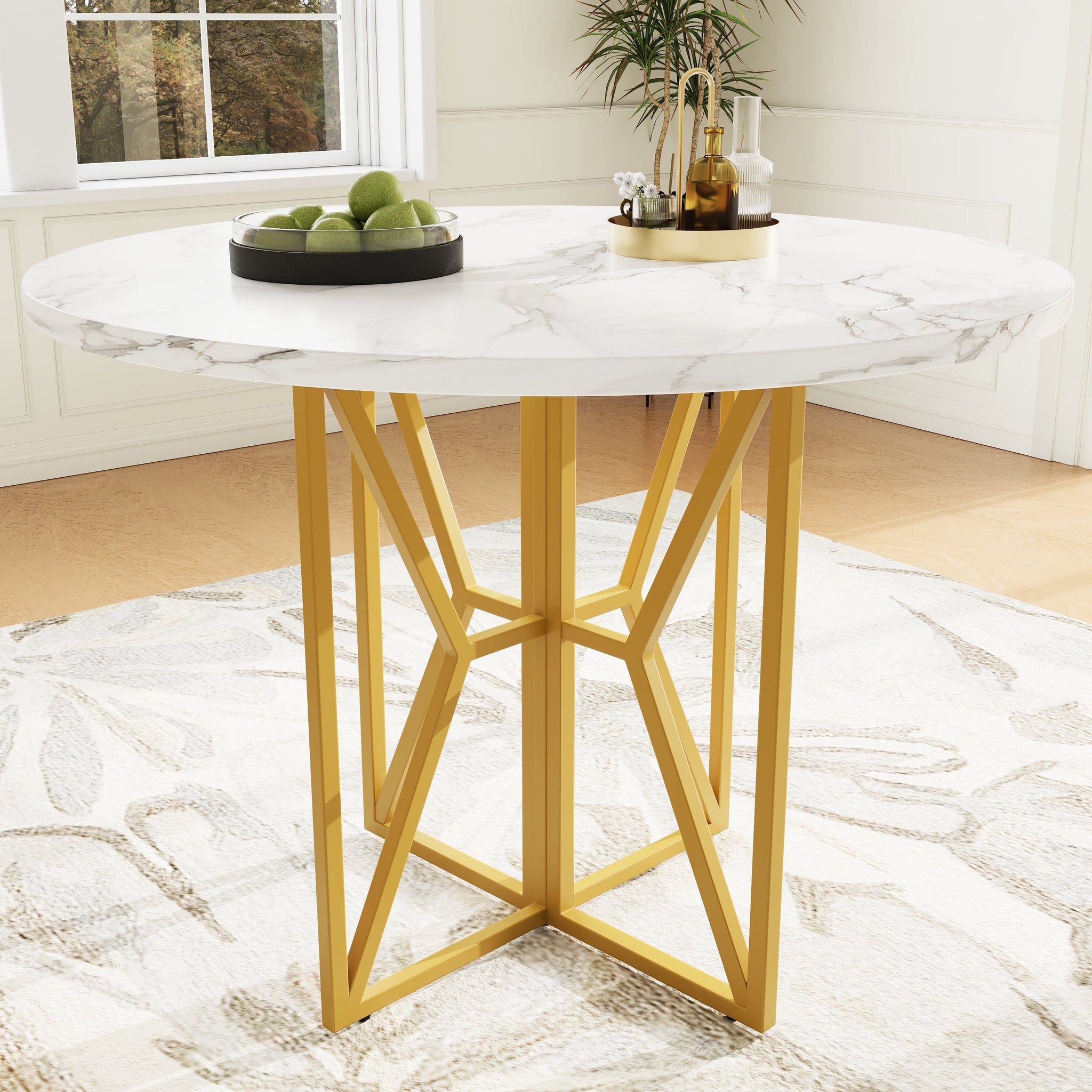 Round Dining Table, 80x80x76cm, Golden Legs, Marbled MDF